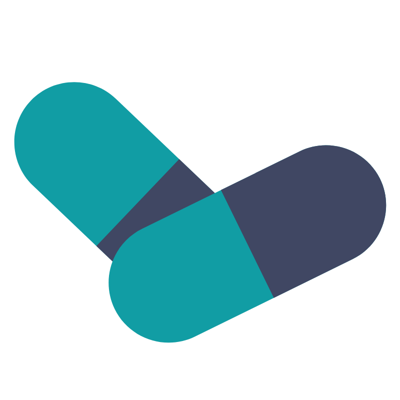A digital illustration of two capsule pills, one light teal and one dark gray, crossed over each other.