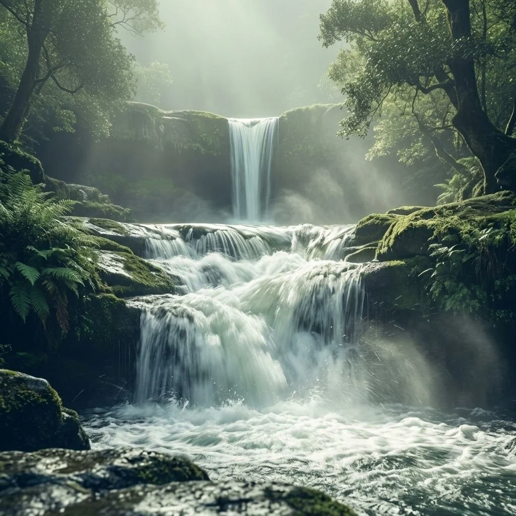 Green waterfalls with rapid running water.