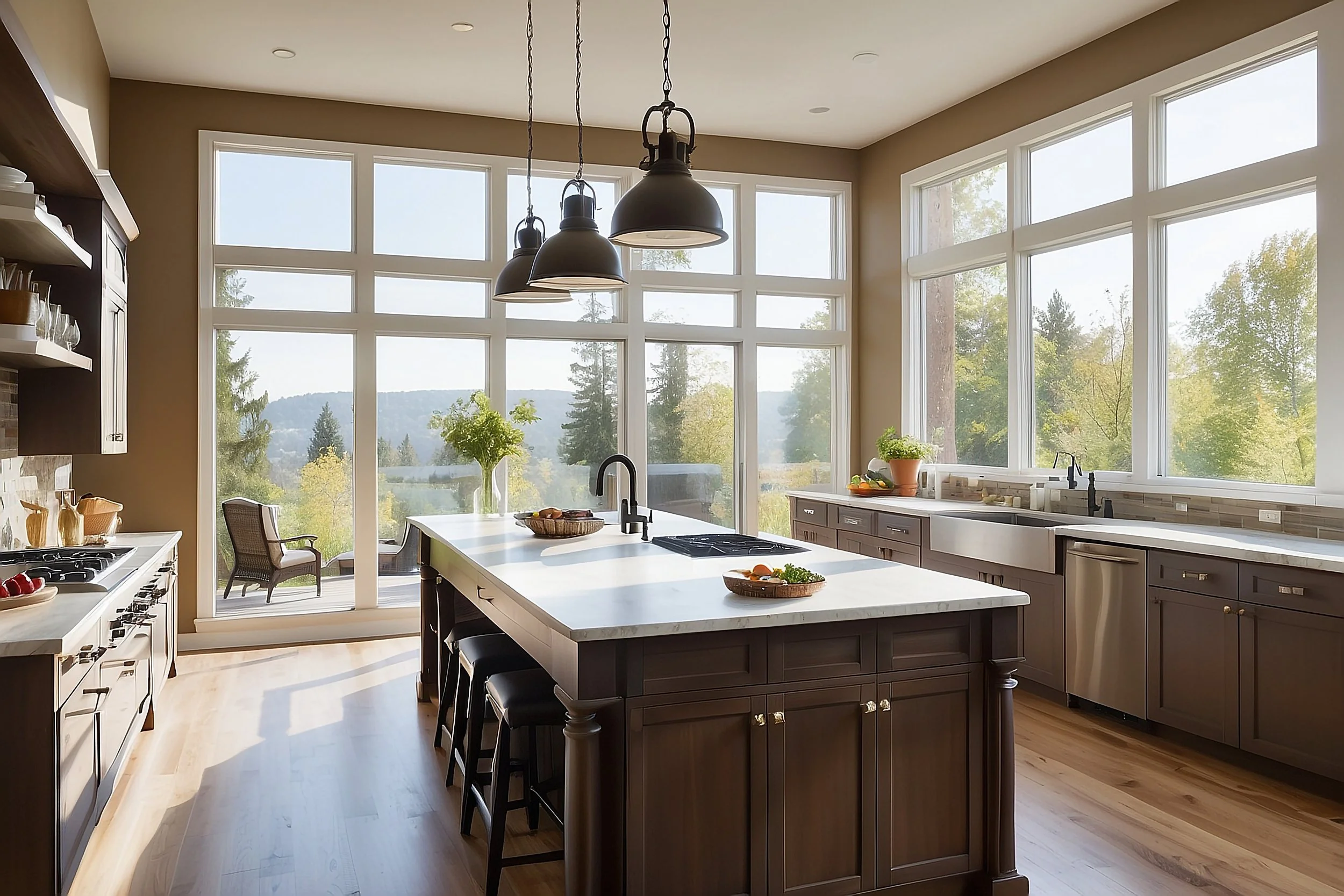 A spacious kitchen with large energy efficient windows creating a beautiful view