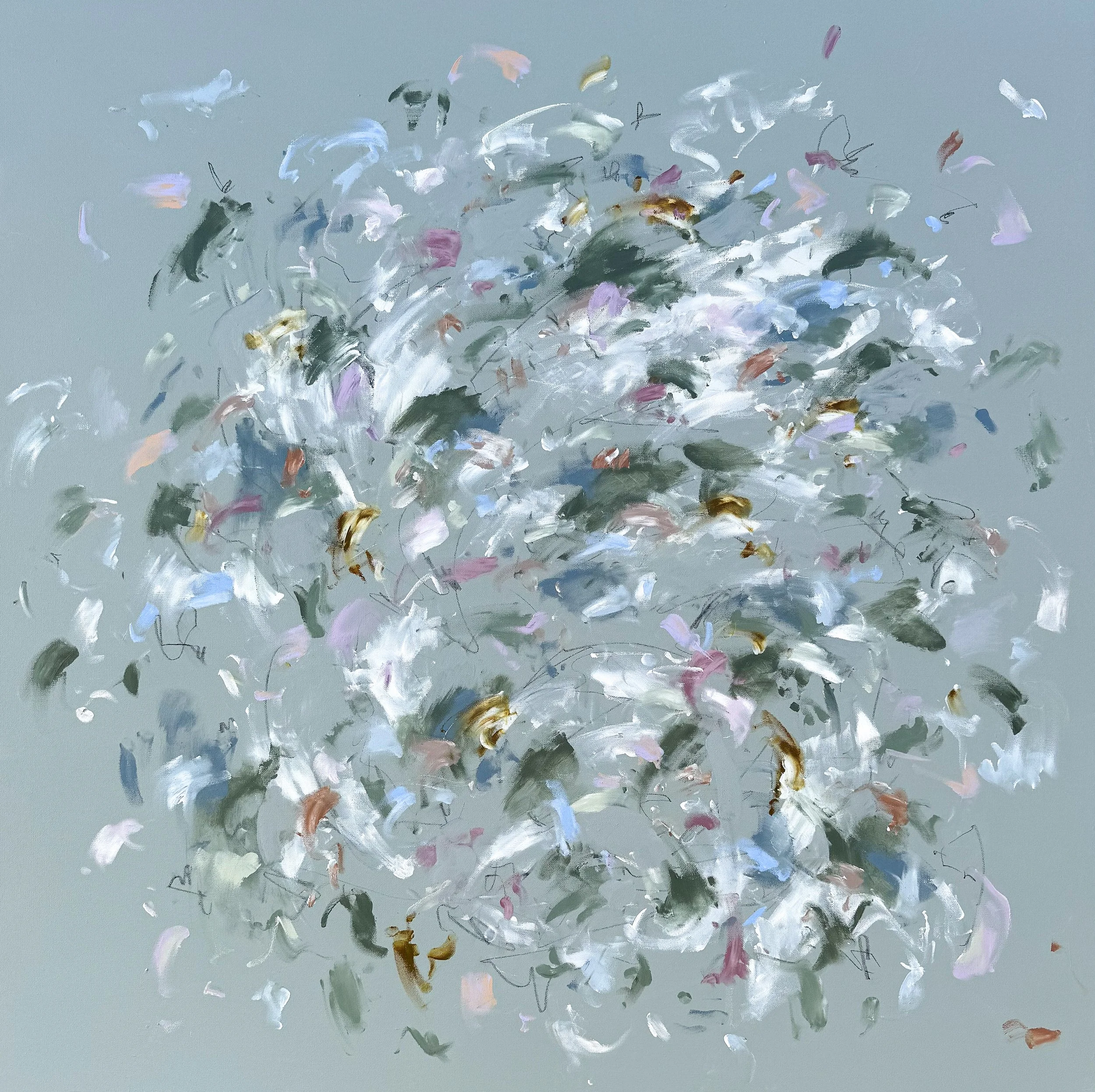 Mercurial, a large abstract painting with a light green background by Marcy Parks