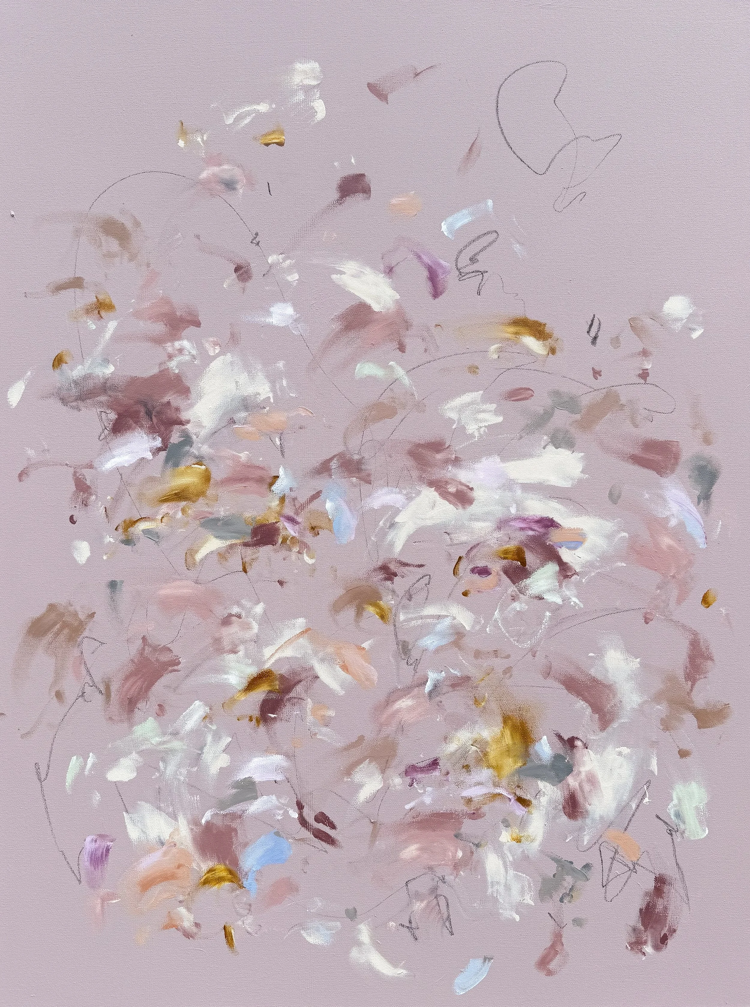 Give Her Her Flowers, large abstract painting by Marcy Parks with blush background 