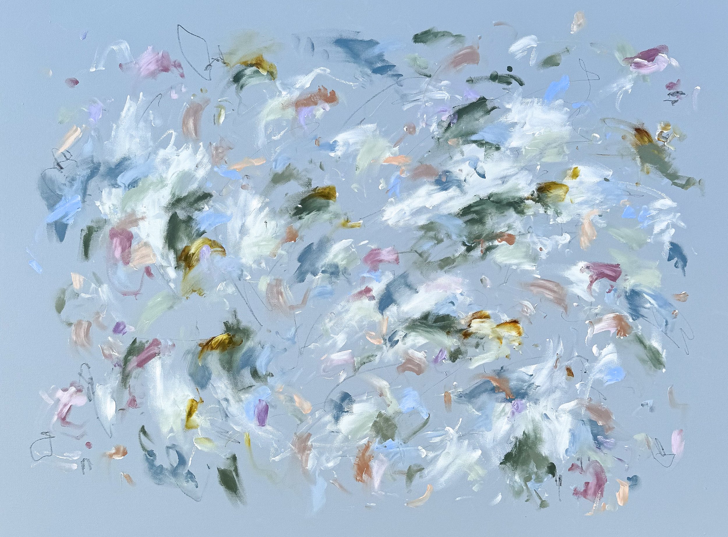Spring Equinox, a large abstract painting with a light blue background by Marcy Parks 