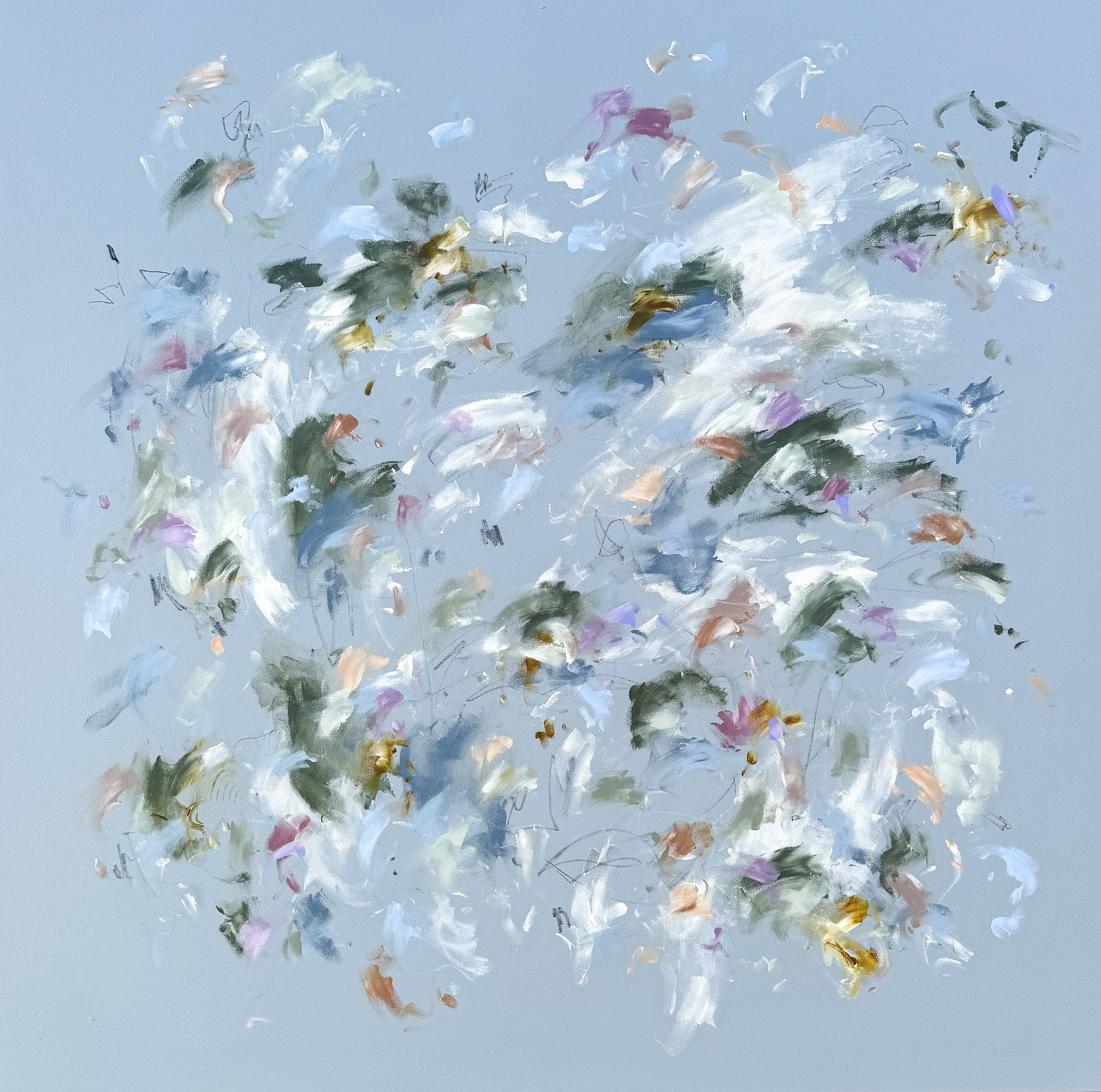 She's a Libra, a large abstract painting with light blue background by Marcy Parks