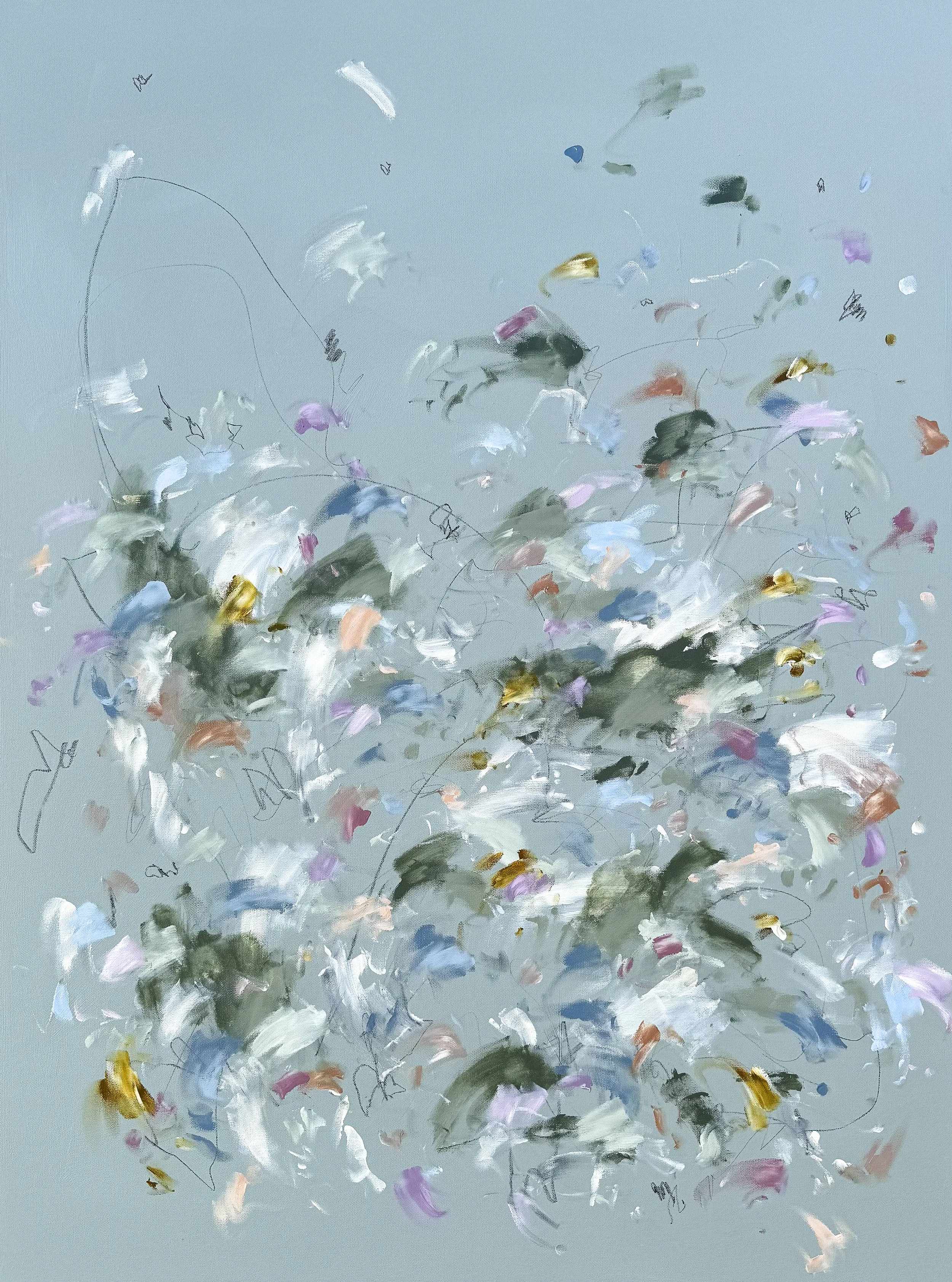 She's a Taurus, a large abstract painting with a light green background by Marcy Parks