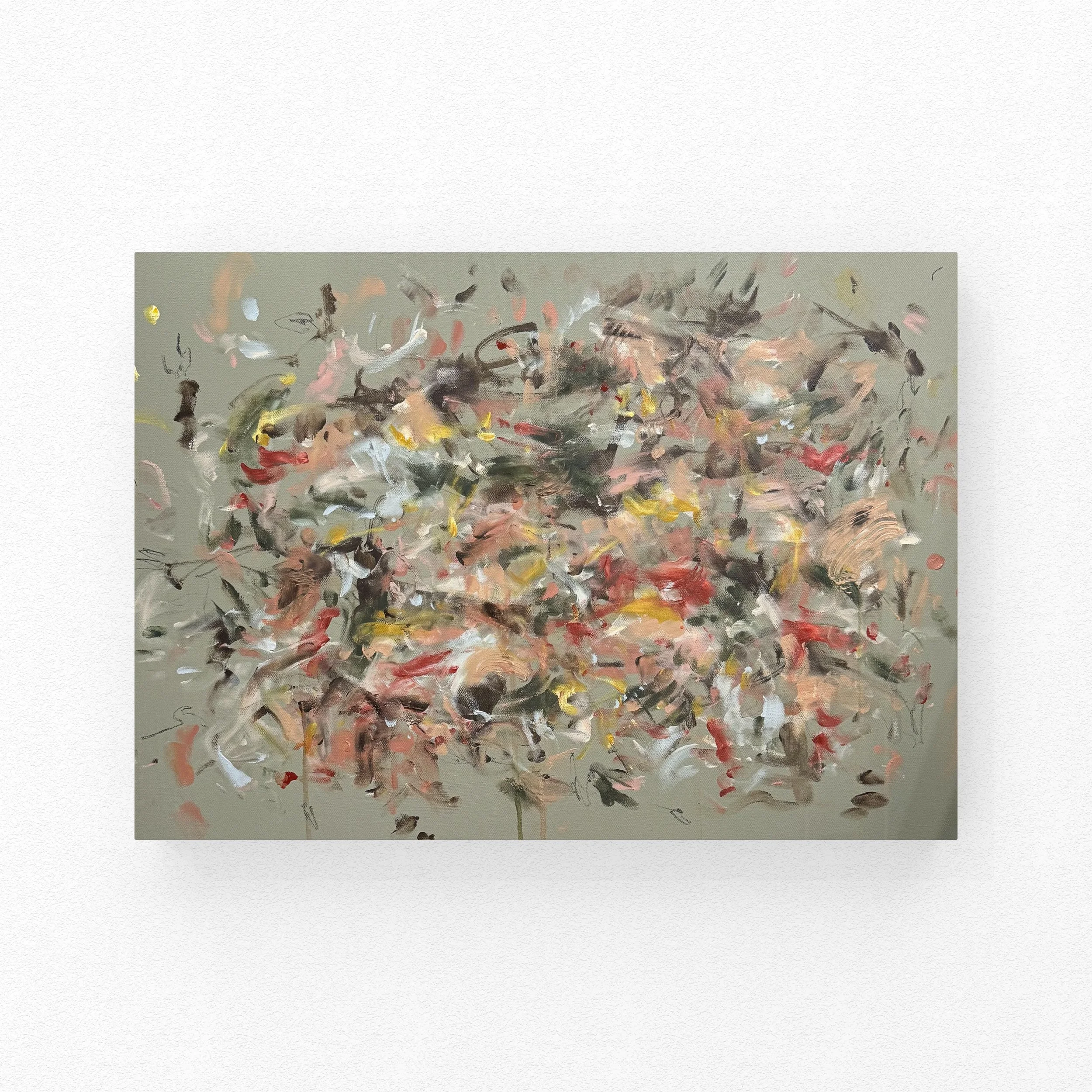 original abstract painting with sage green background and multicolor marks