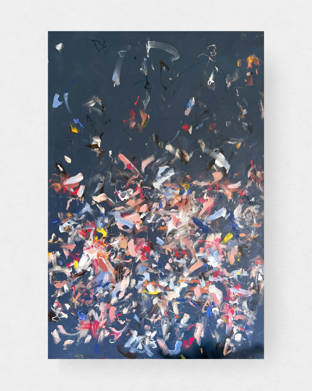 original abstract painting with navy background and multicolor marks
