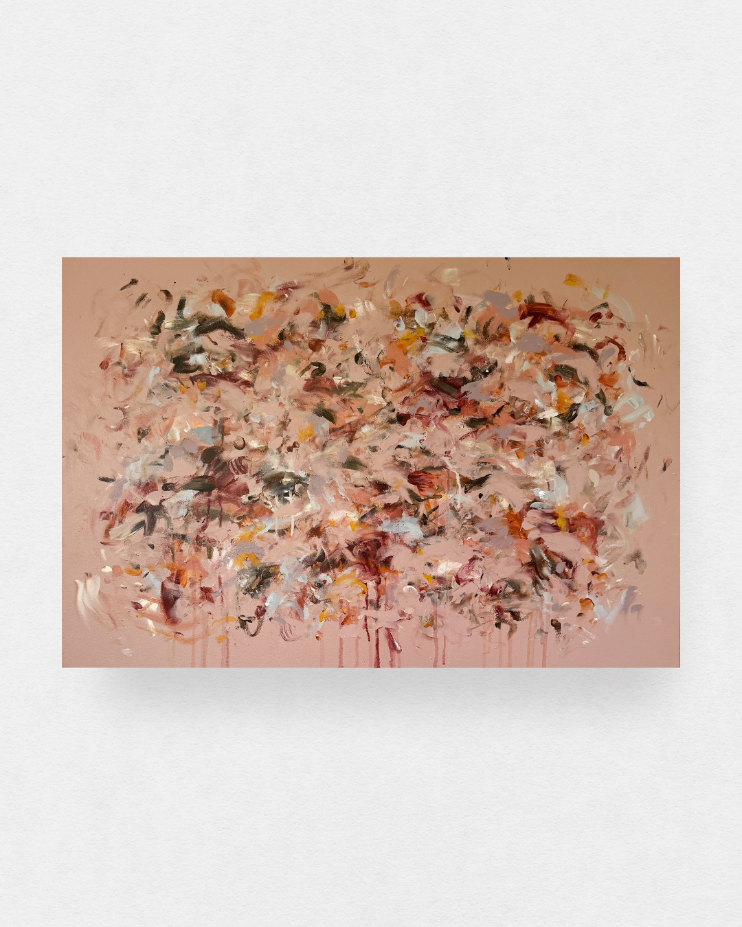 original abstract painting with pink background and multicolor marks
