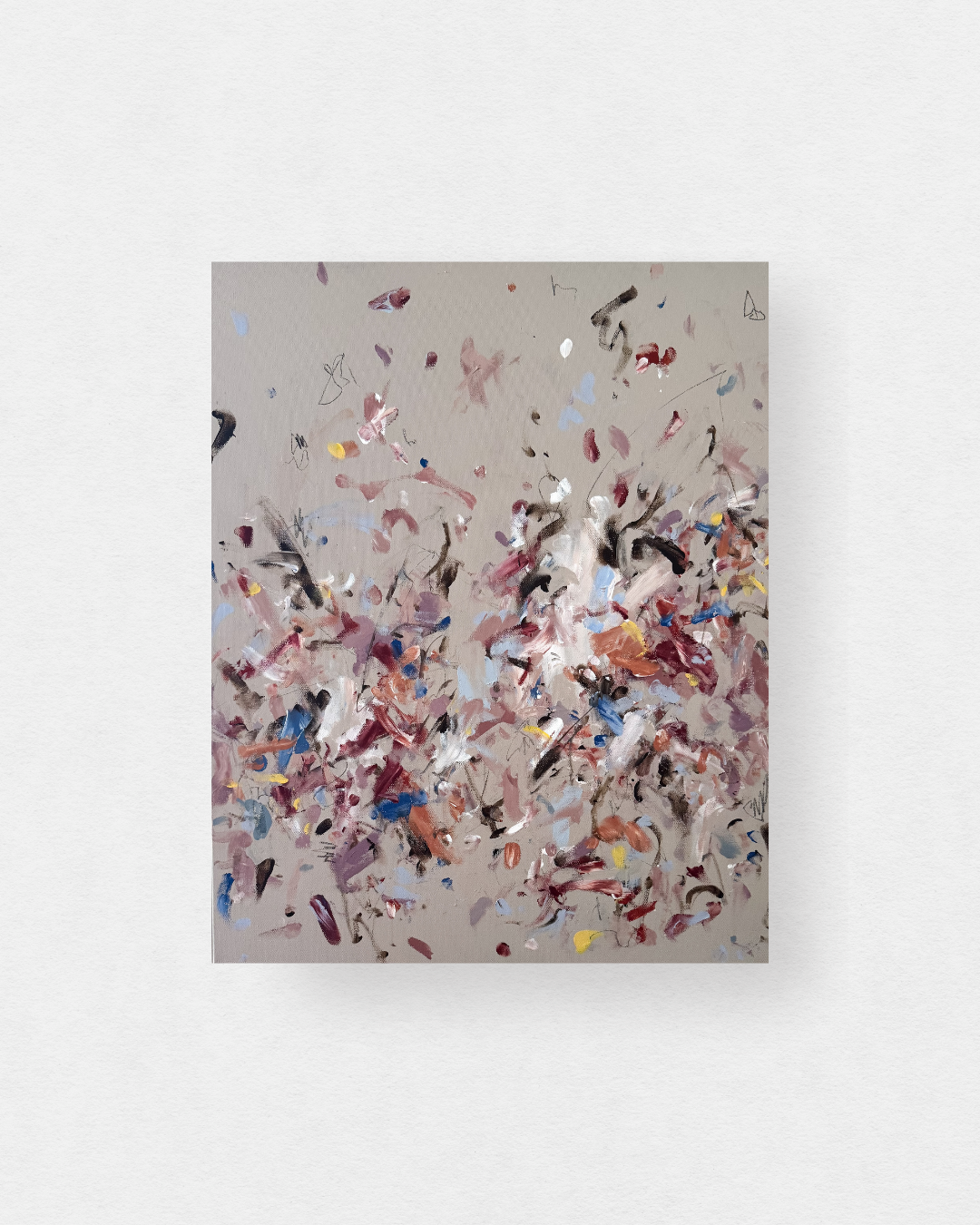 24x30 inches original abstract painting on a taupe background with colorful marks