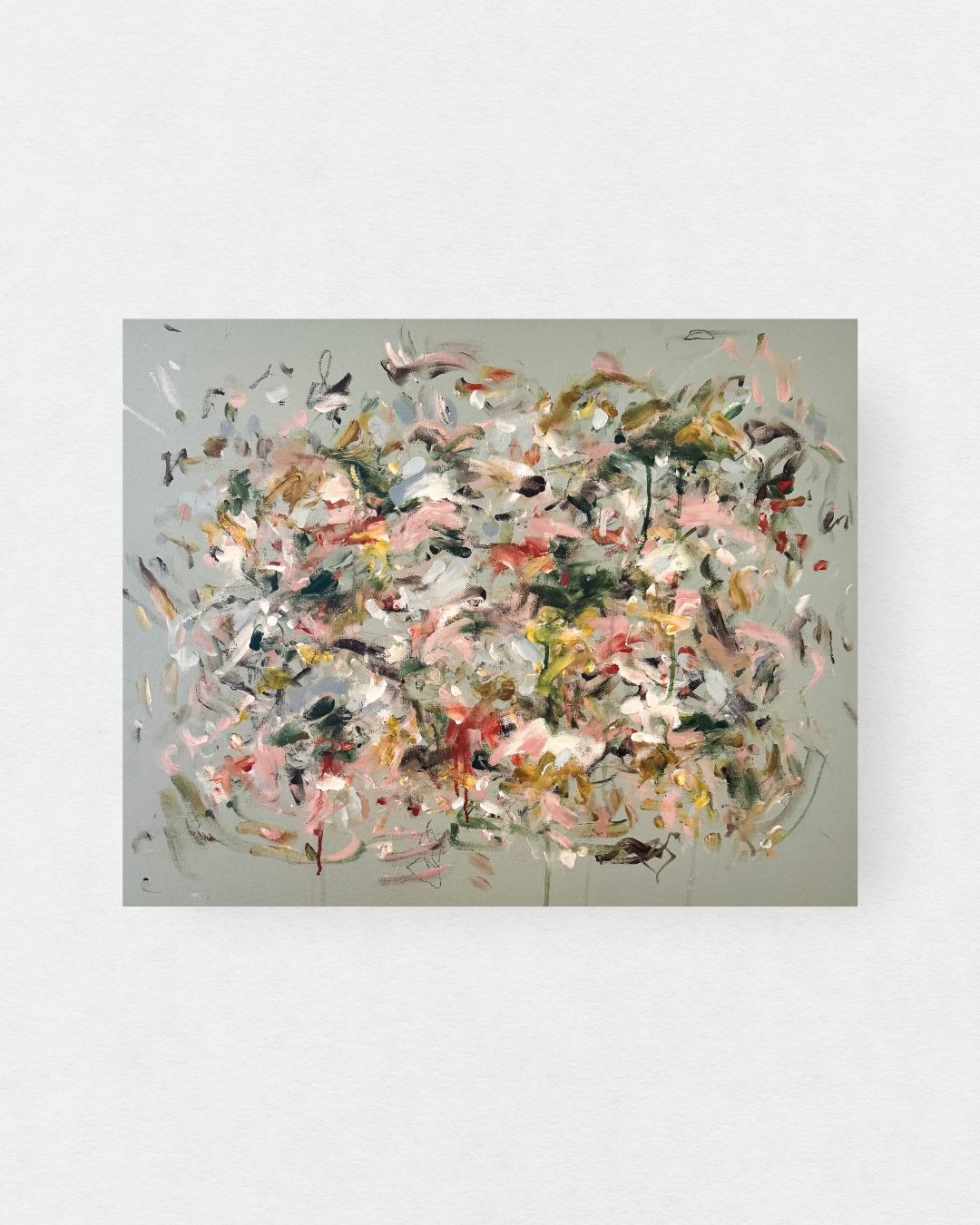 original abstract painting with sage green background and multicolor marks