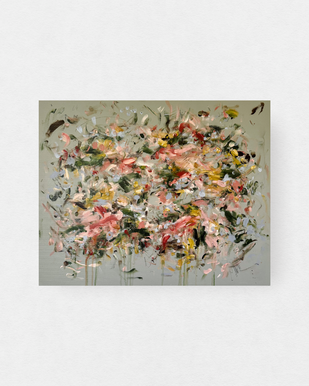 original abstract painting with sage green background and multicolor marks