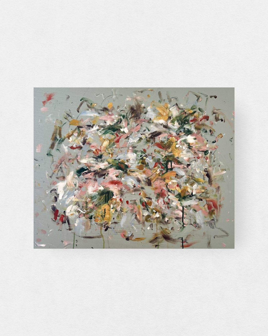 original abstract painting with sage green background and multicolor marks