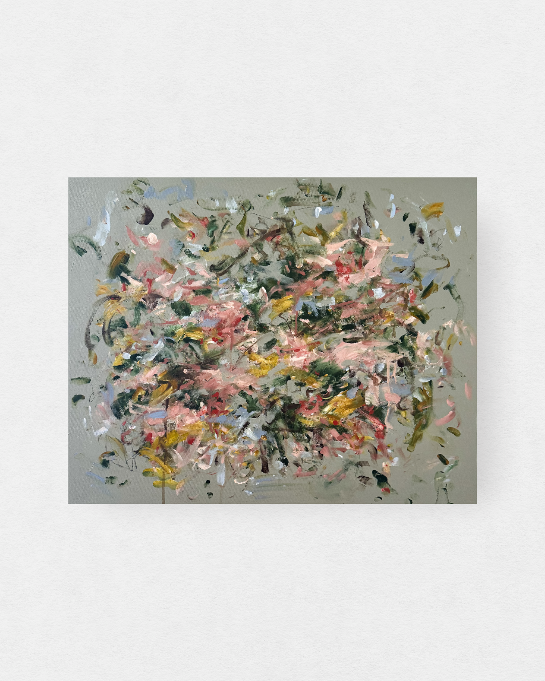 original abstract painting with sage green background and multicolor marks