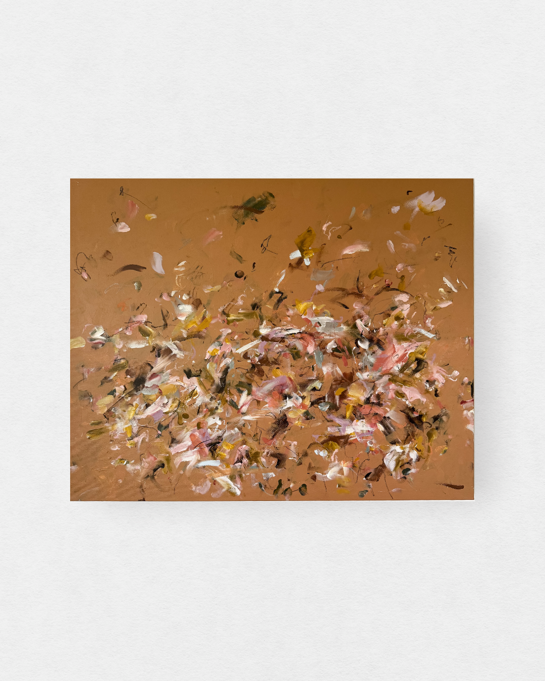 original abstract painting with tan background and multicolor marks