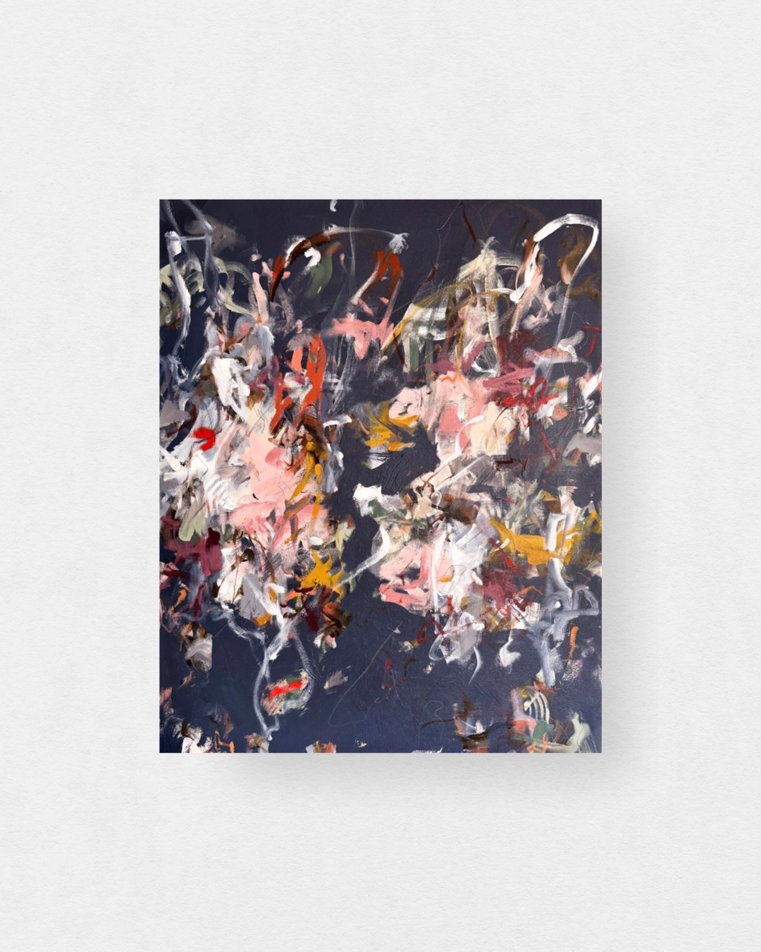 original abstract painting with navy background and multicolor shapes and marks