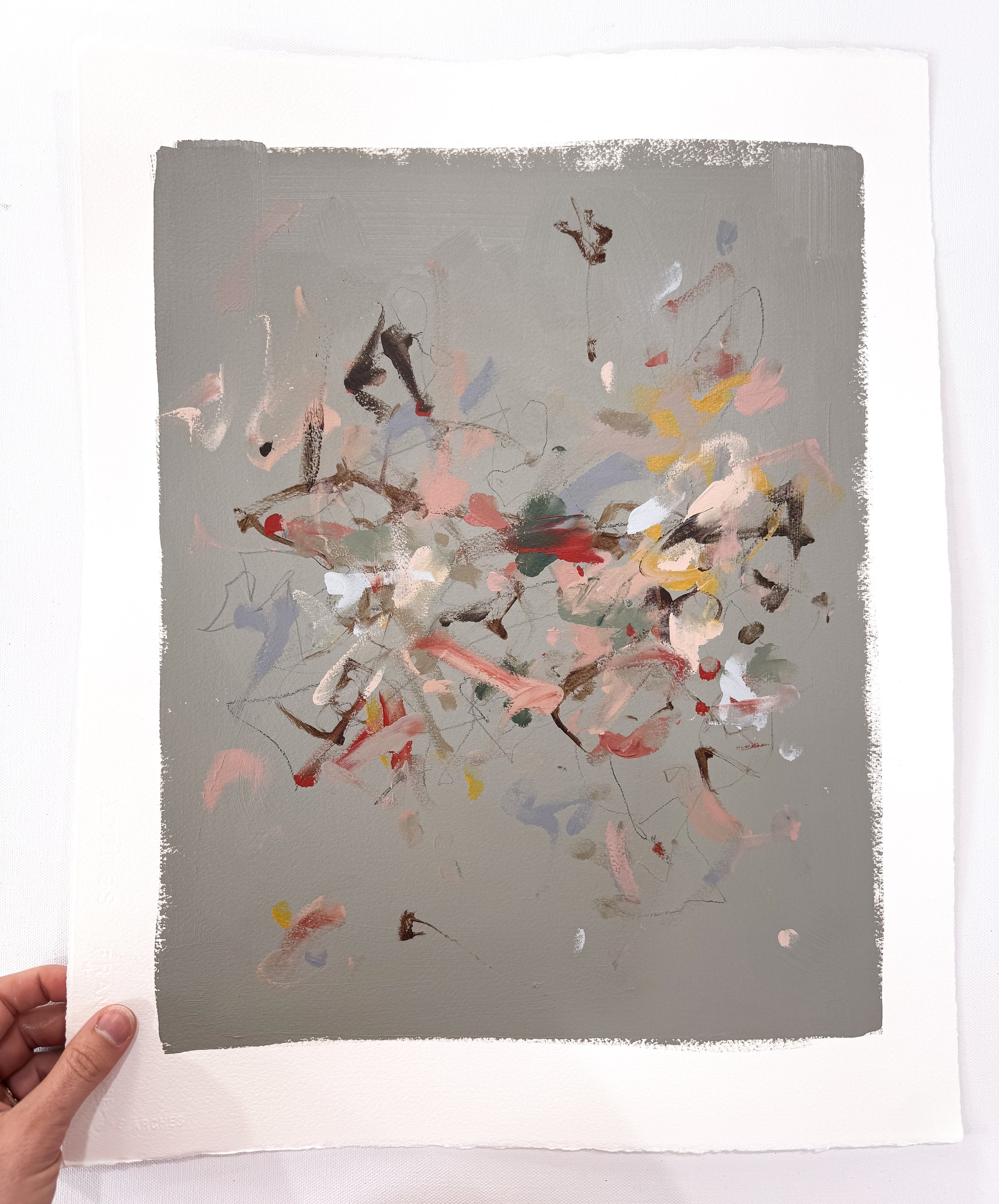 Original abstract painting on paper with sage green background and multicolor marks