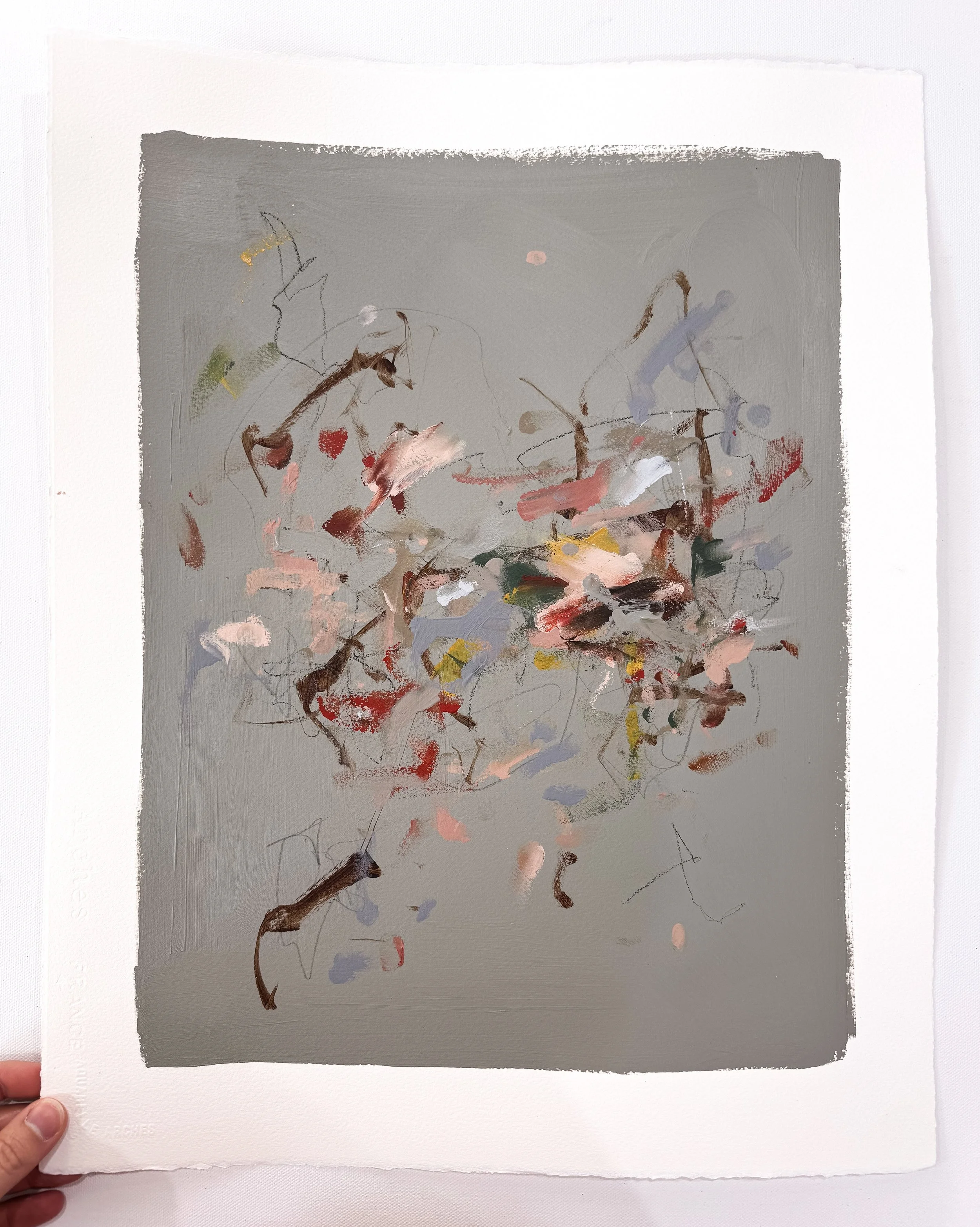 Original abstract painting on paper with sage green background and multicolor marks