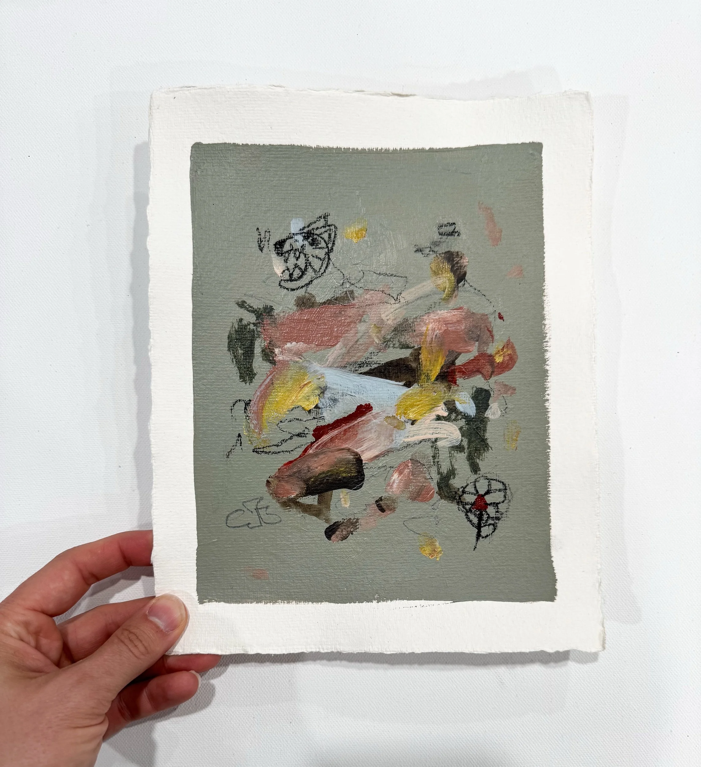 original abstract painting on handmade watercolor paper with soft green background and multicolor marks