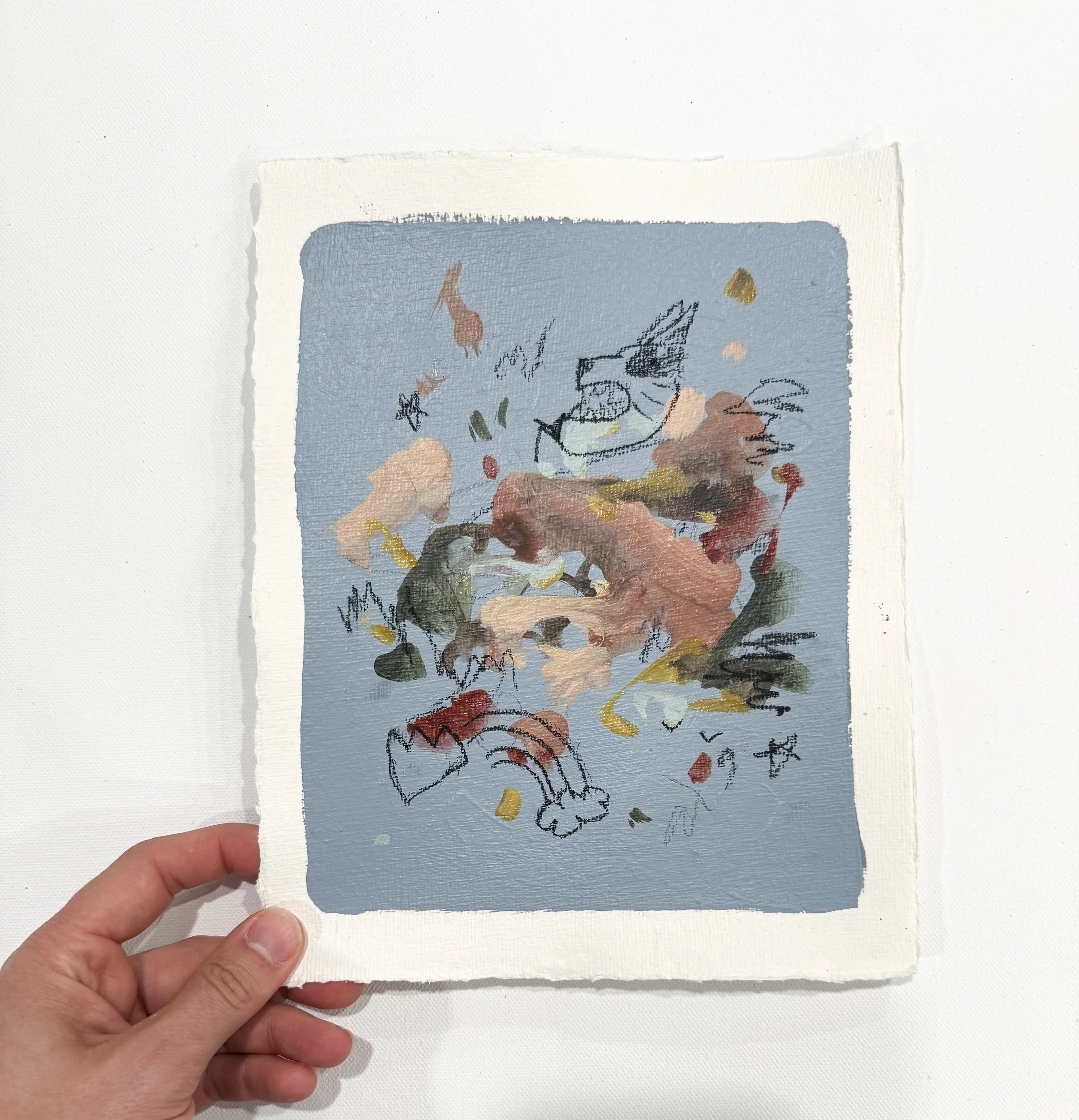 original abstract painting on handmade watercolor paper with blue background and multicolor marks