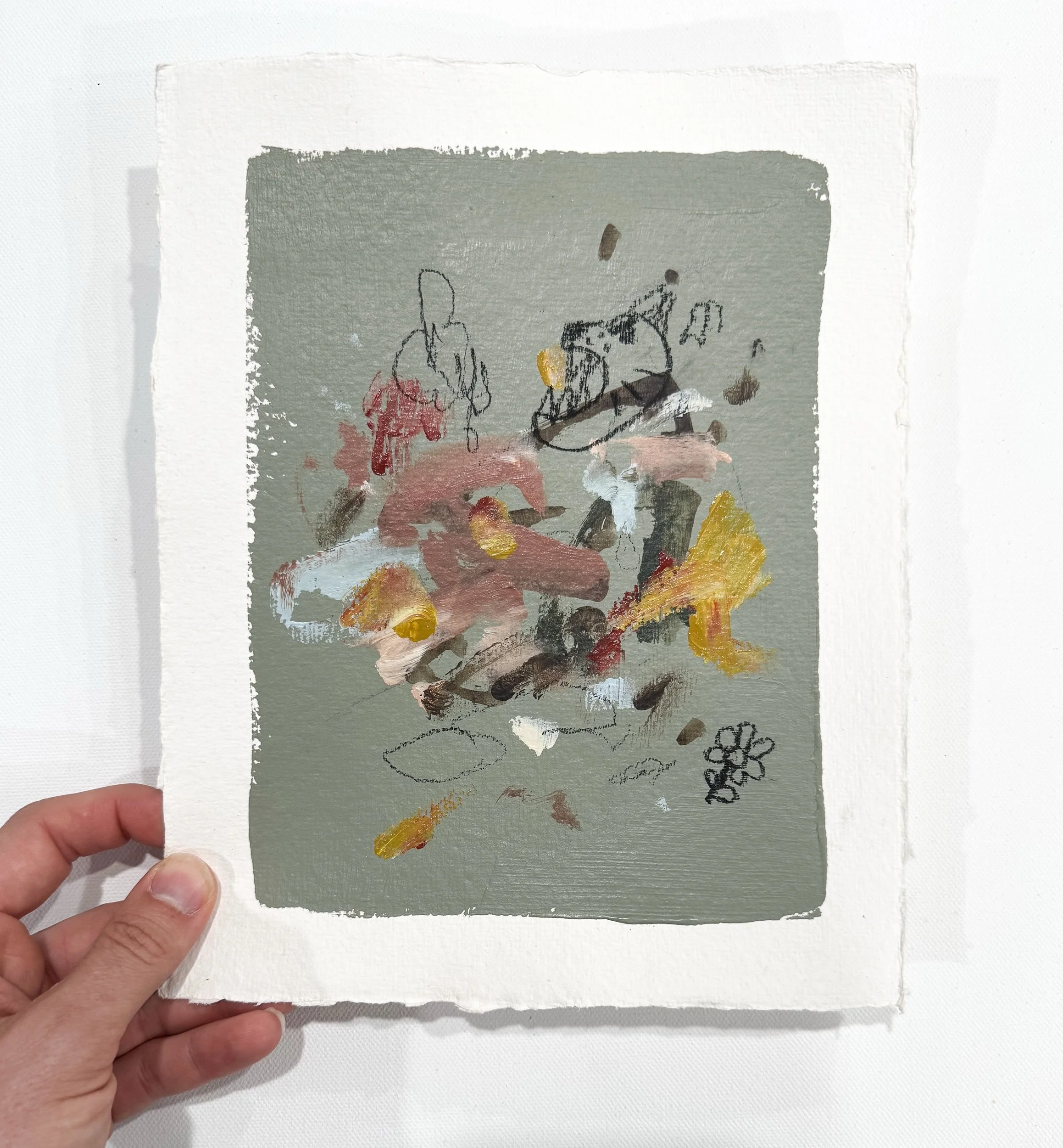 original abstract painting with soft green background and multicolor marks on handmade watercolor paper with deckled edges