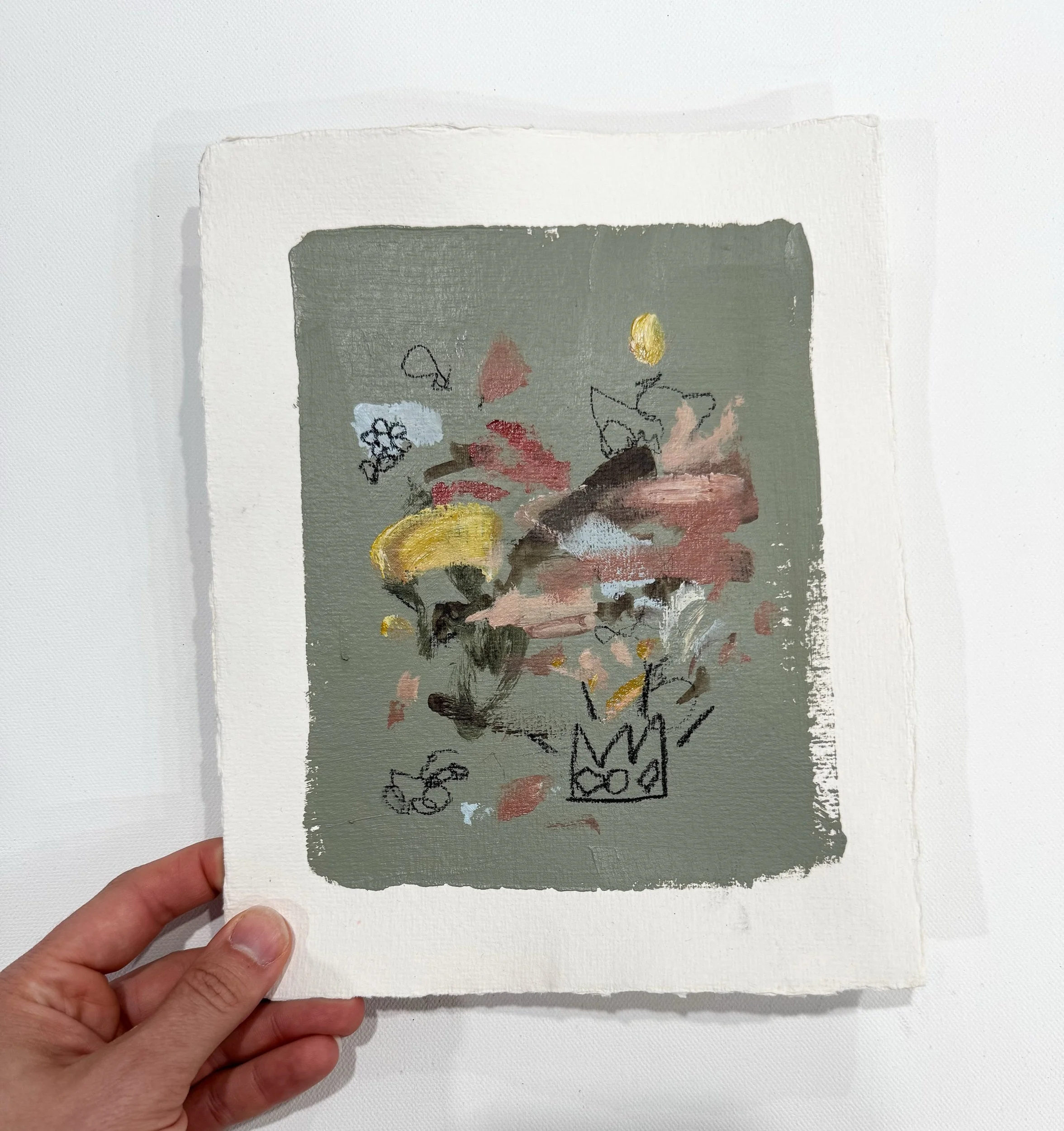 original abstract painting with soft green background and multicolor marks on handmade paper with deckled edges