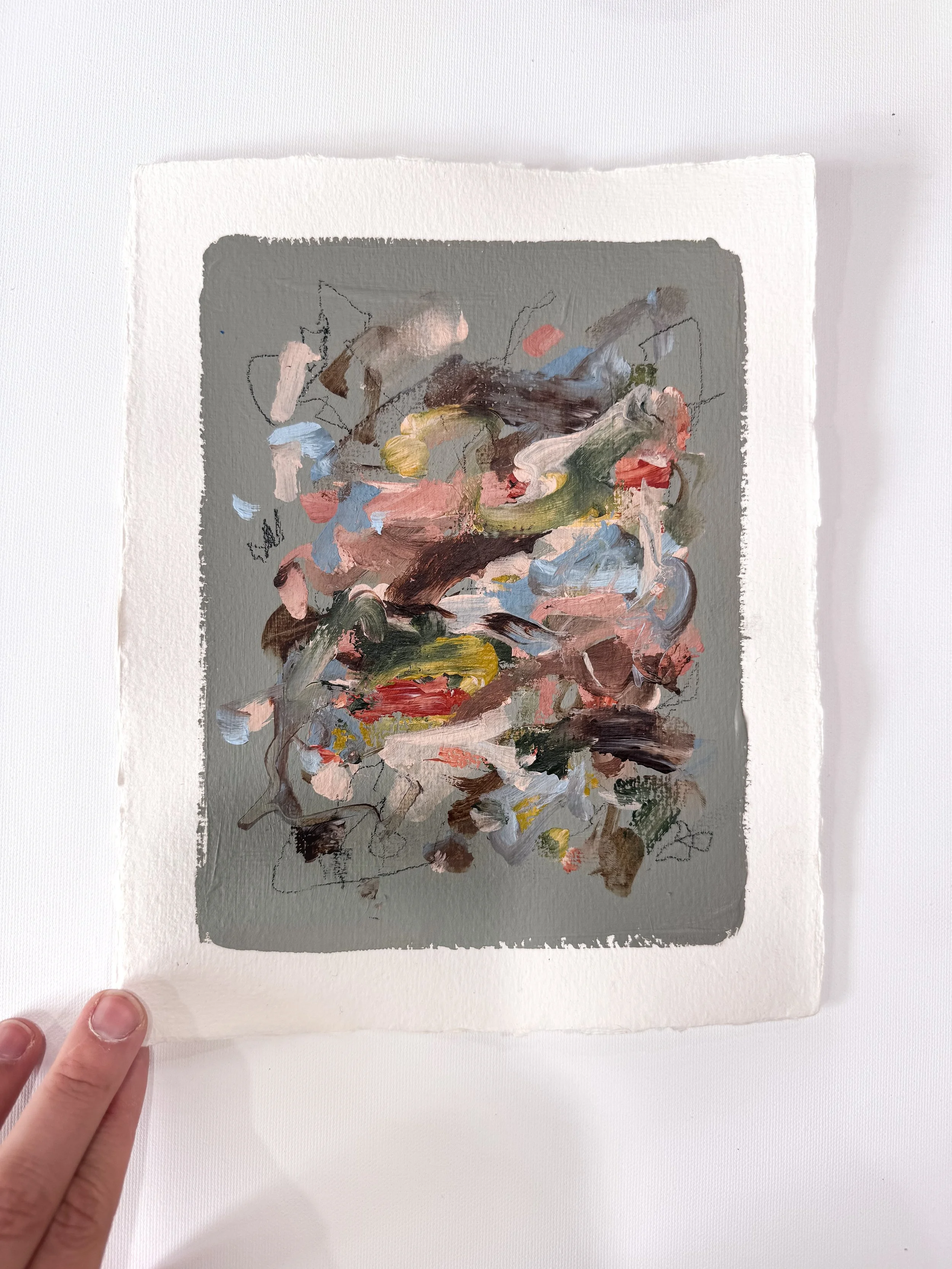 Small original abstract painting on handmade paper with dark sage green background and multicolor marks