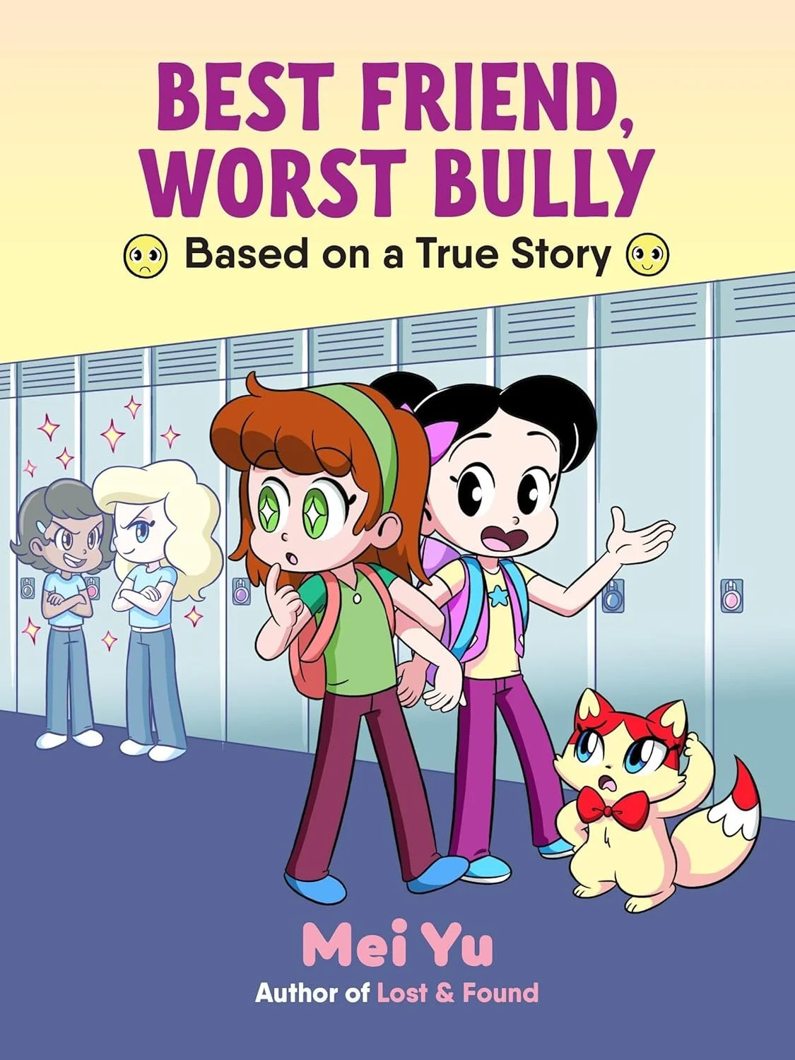 Two girls walking past their lockers with a cat wearing a bow tie wondering what's happening.
