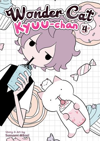 Front cover illustration of the manga Wonder Cat Kyuu-chan by Sasami Nitori, featuring the adorable, round white cat Kyuu-chan smiling alongside his owner.