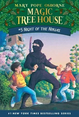 Front cover illustration of the chapter book Magic Tree House: Night of the Ninjas by Mary Pope Osborne, showing Jack and Annie encountering stealthy ninjas in ancient Japan.