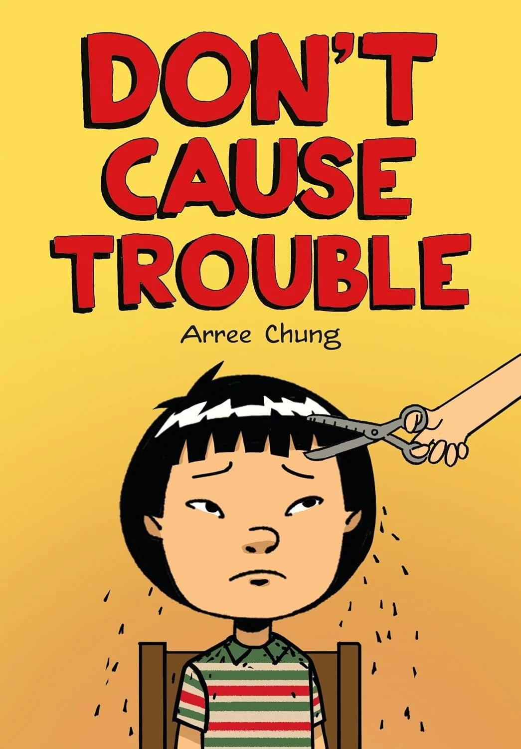 A boy not looking happy about the bowl cut his mother is in the middle of giving him.