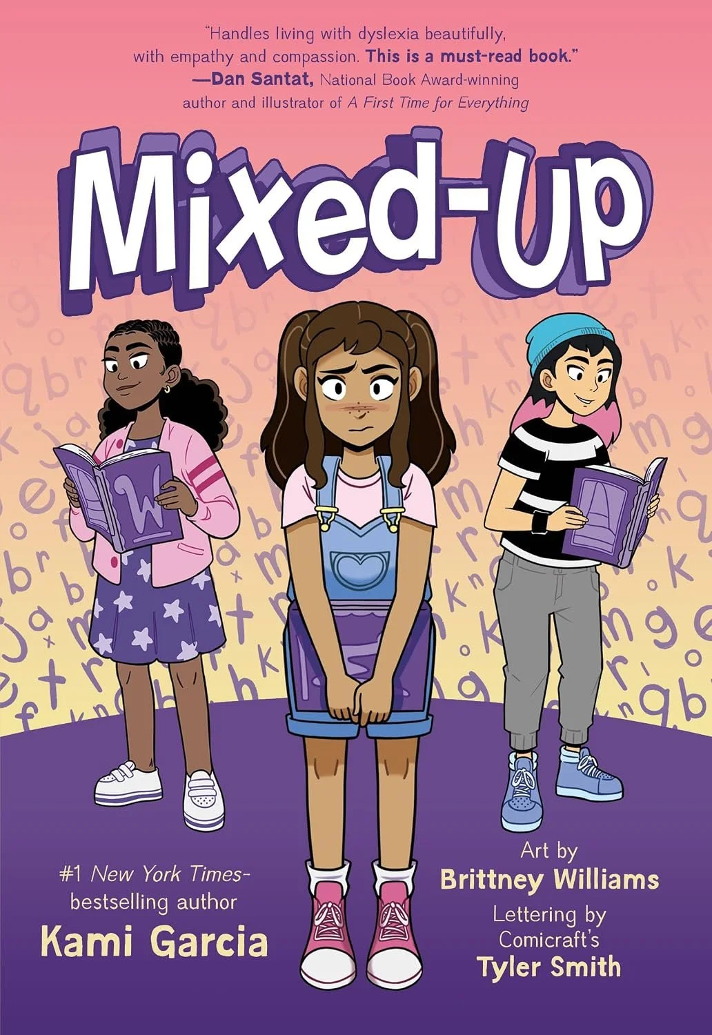 Three girls reading books but the one in the middle looks sad.