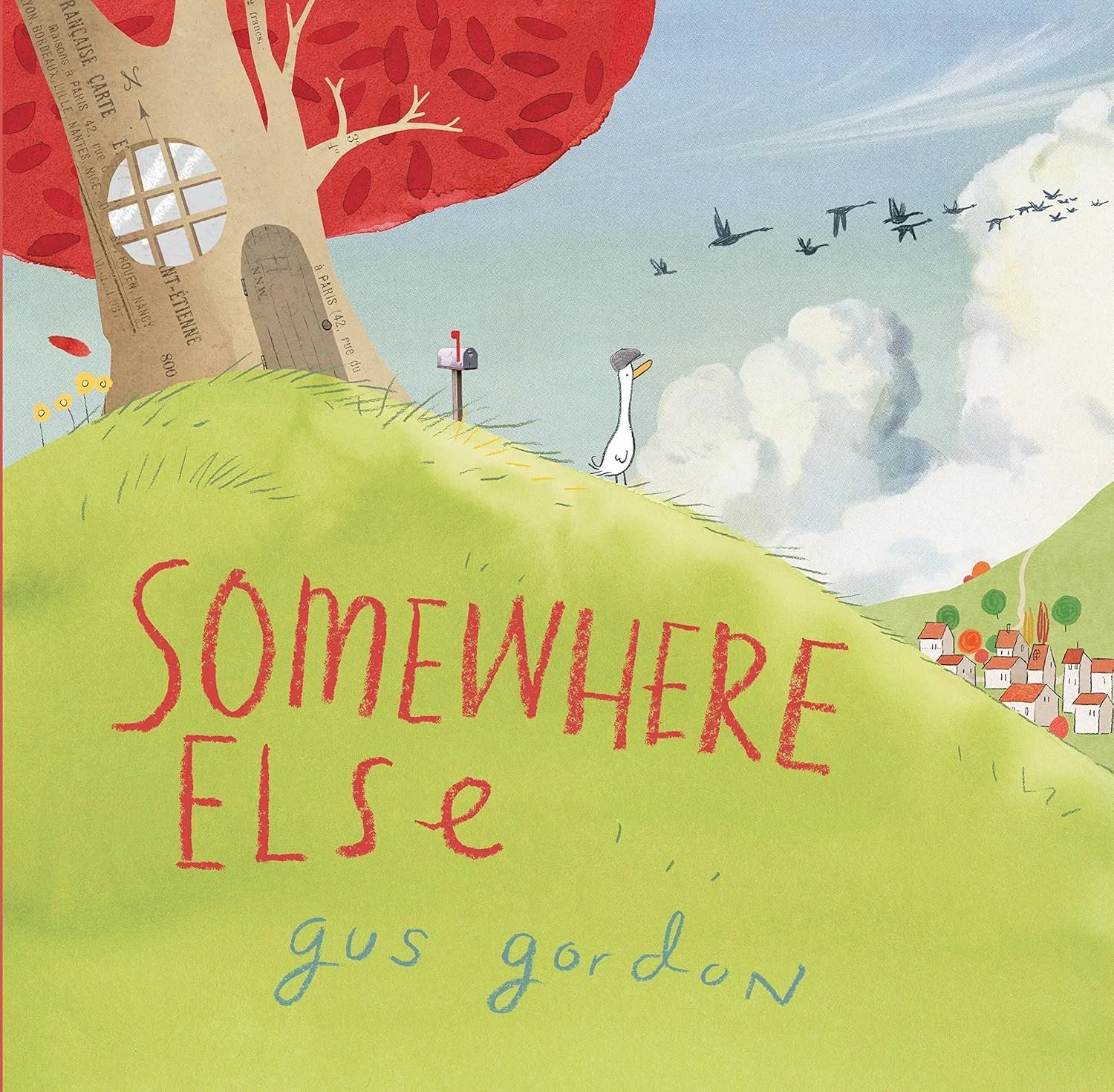 Front cover of Somewhere Else by Gus Gordon, showing George the duck standing with his suitcase looking out at a detailed, whimsical background.