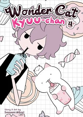 A boy and his cat drawn in anime style both drinking bobo with candy and cupcakes floating around.