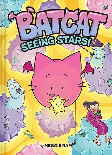 Front cover illustration of the graphic novel Bat Cat: Seeing Stars by Meggie Ramm, featuring the funny bat-cat hybrid character looking up at a starry night sky.