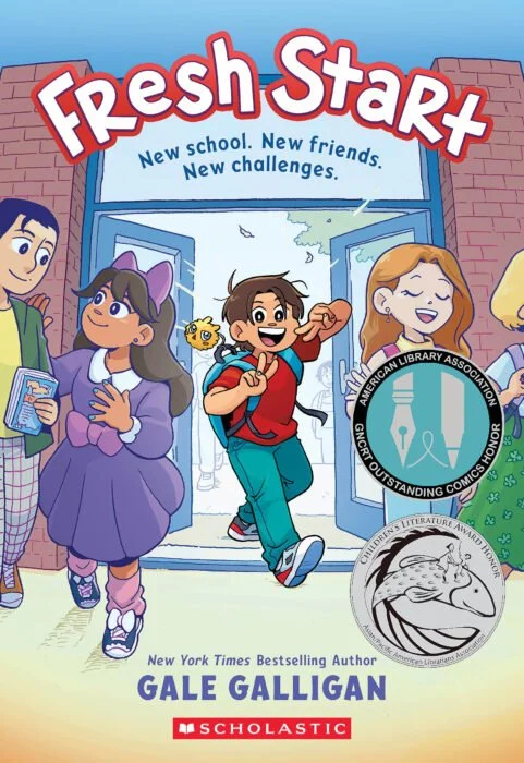 Front cover illustration of the graphic novel Fresh Start, showing a young student arriving at a new town and planning a positive middle school reset.