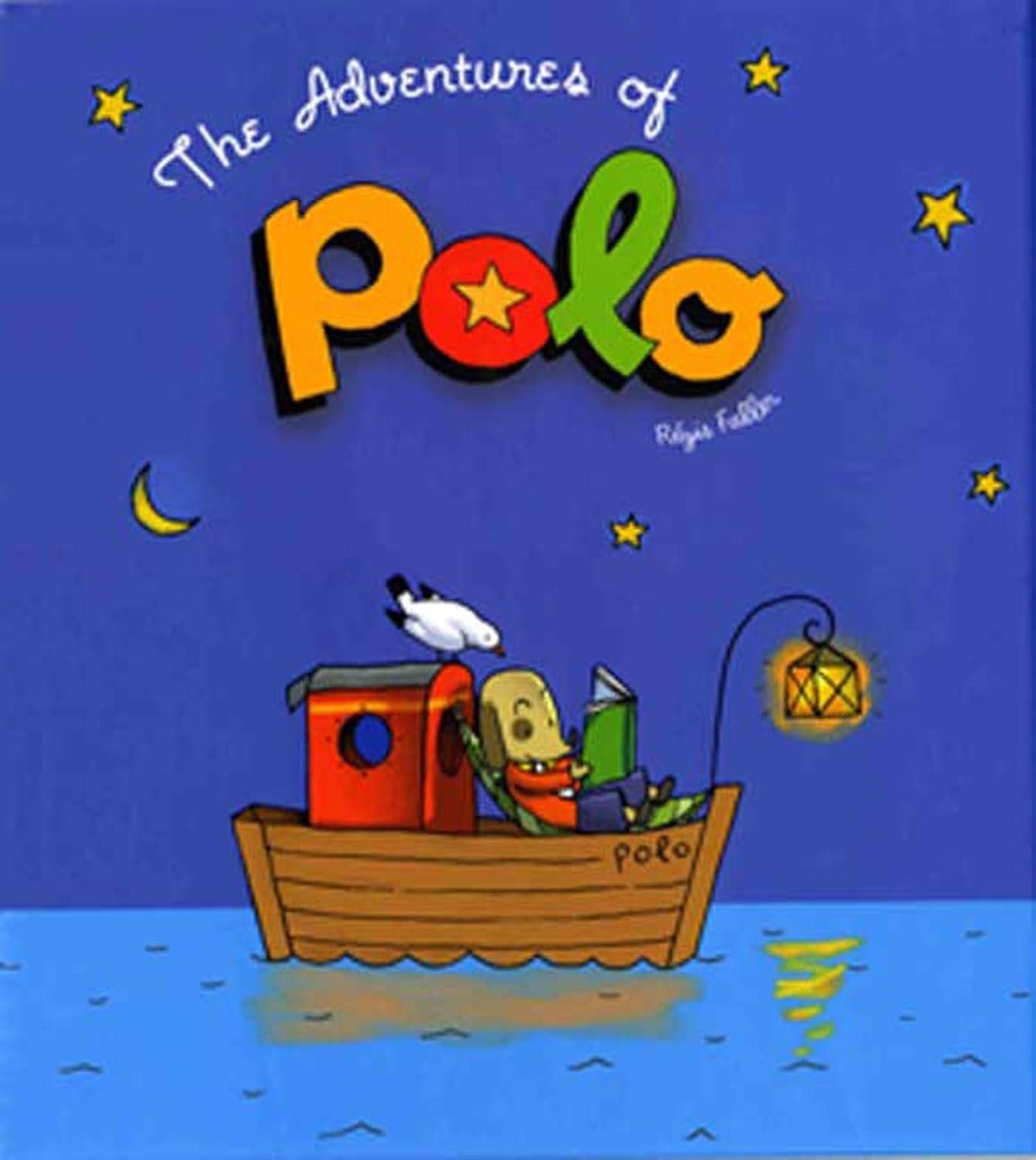 Front cover illustration of the wordless children's graphic novel The Adventures of Polo by Regis Faller, featuring a little white dog named Polo embarking on an imaginative journey from his island home.