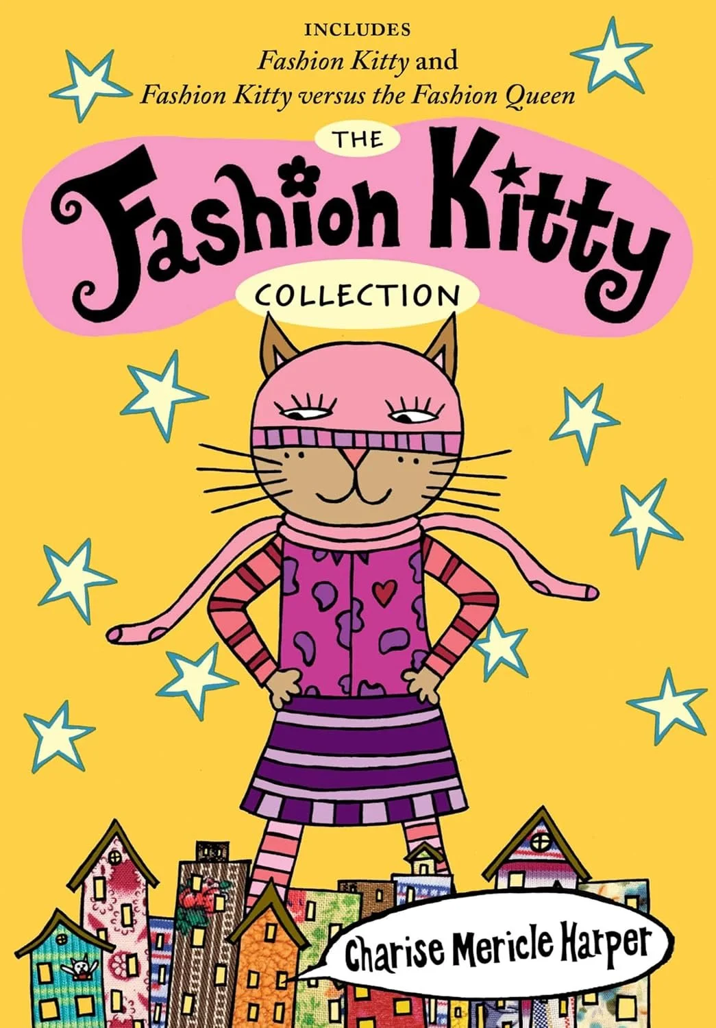 A cat dressed as a superhero in a very triumphant post wearing a pink mask as she towers over the city below.