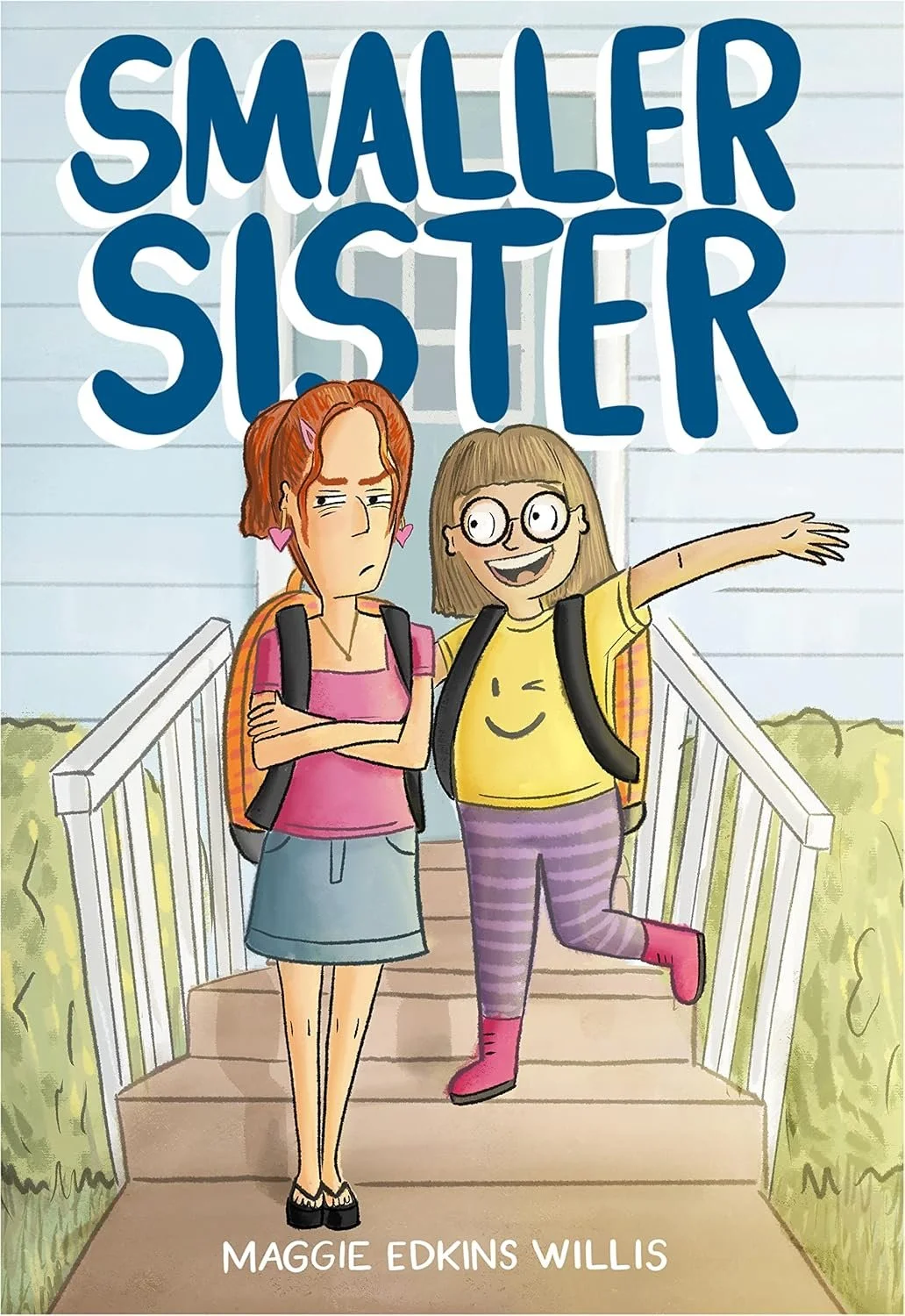 Two girls on the front steps of their hours getting ready for school. One is angry about it while the younger one is happy.