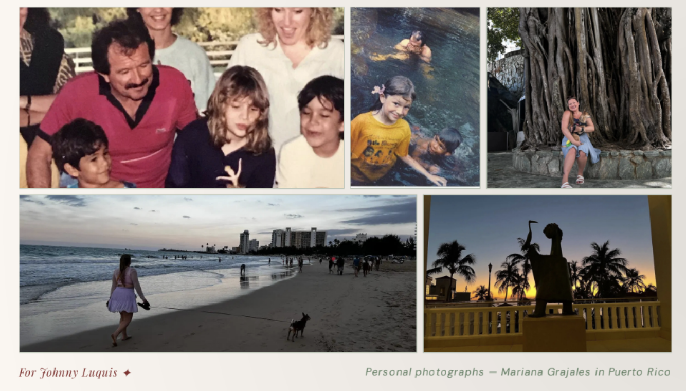 Collage of six personal photographs, including a group of people smiling together, children swimming, a girl sitting on a large sculpture, a woman walking on a beach with a dog, and a sunset view with a statue and palm trees in Puerto Rico.