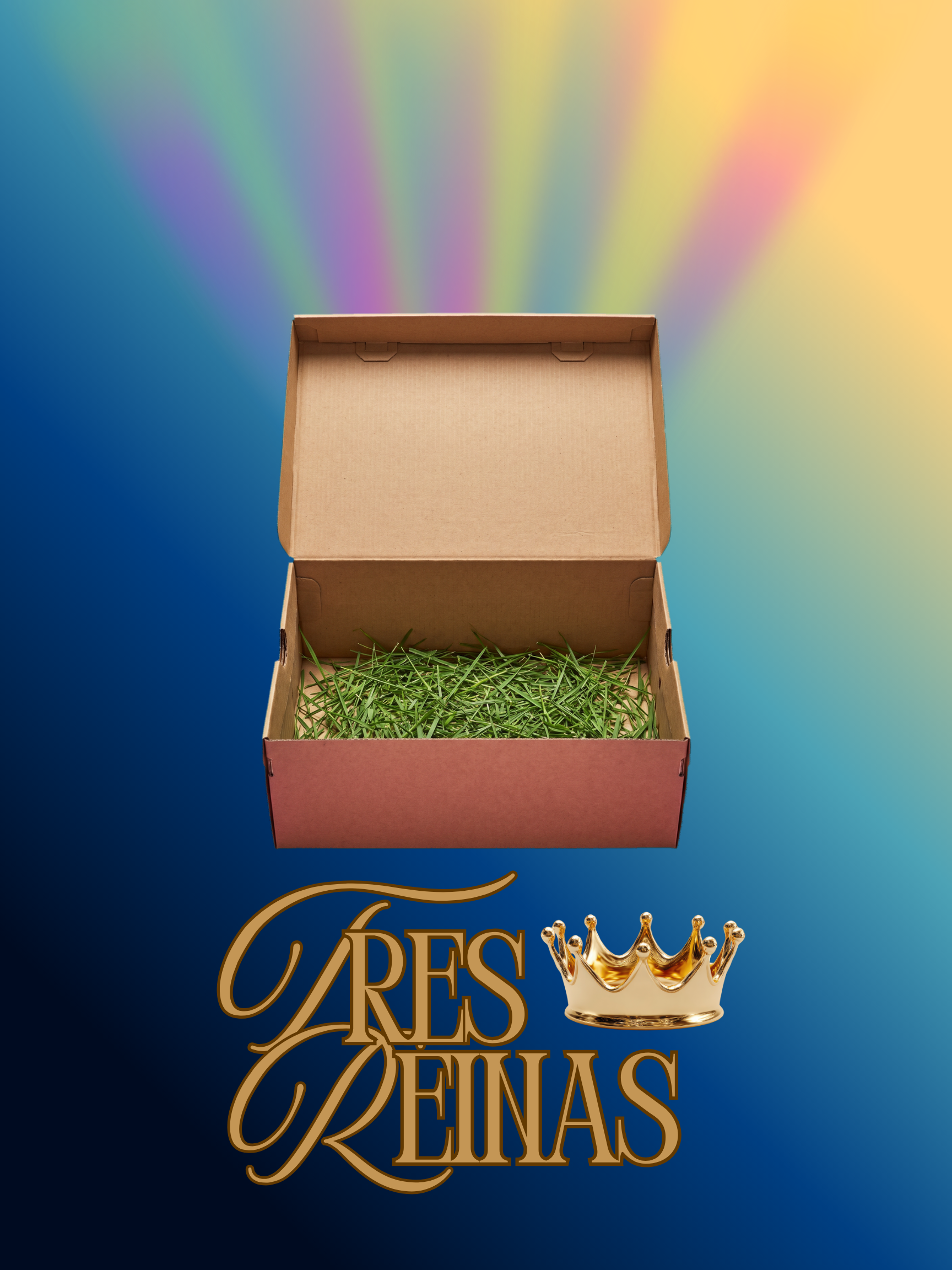 Open cardboard box filled with green grass in front of a colorful rainbow gradient background with the words 'Tres Reinas' or "Three Queens" and a golden crown logo.