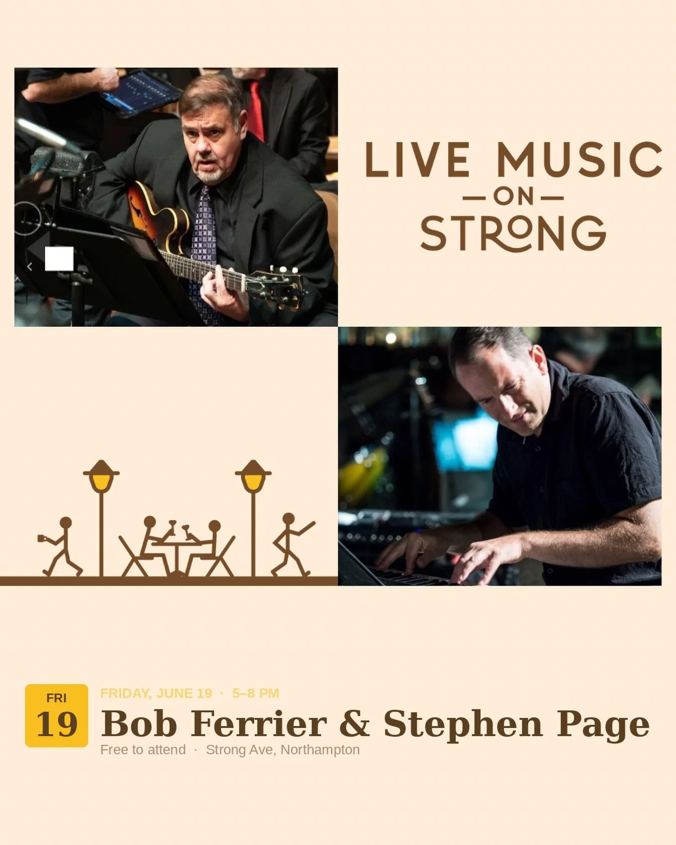 We&rsquo;re so lucky to have Bob Ferrier and Stephen Page on Strong Ave Friday, June 19 5-8pm! 🎼 
Two accomplished jazz musicians and educators with decades of performance experience between them.