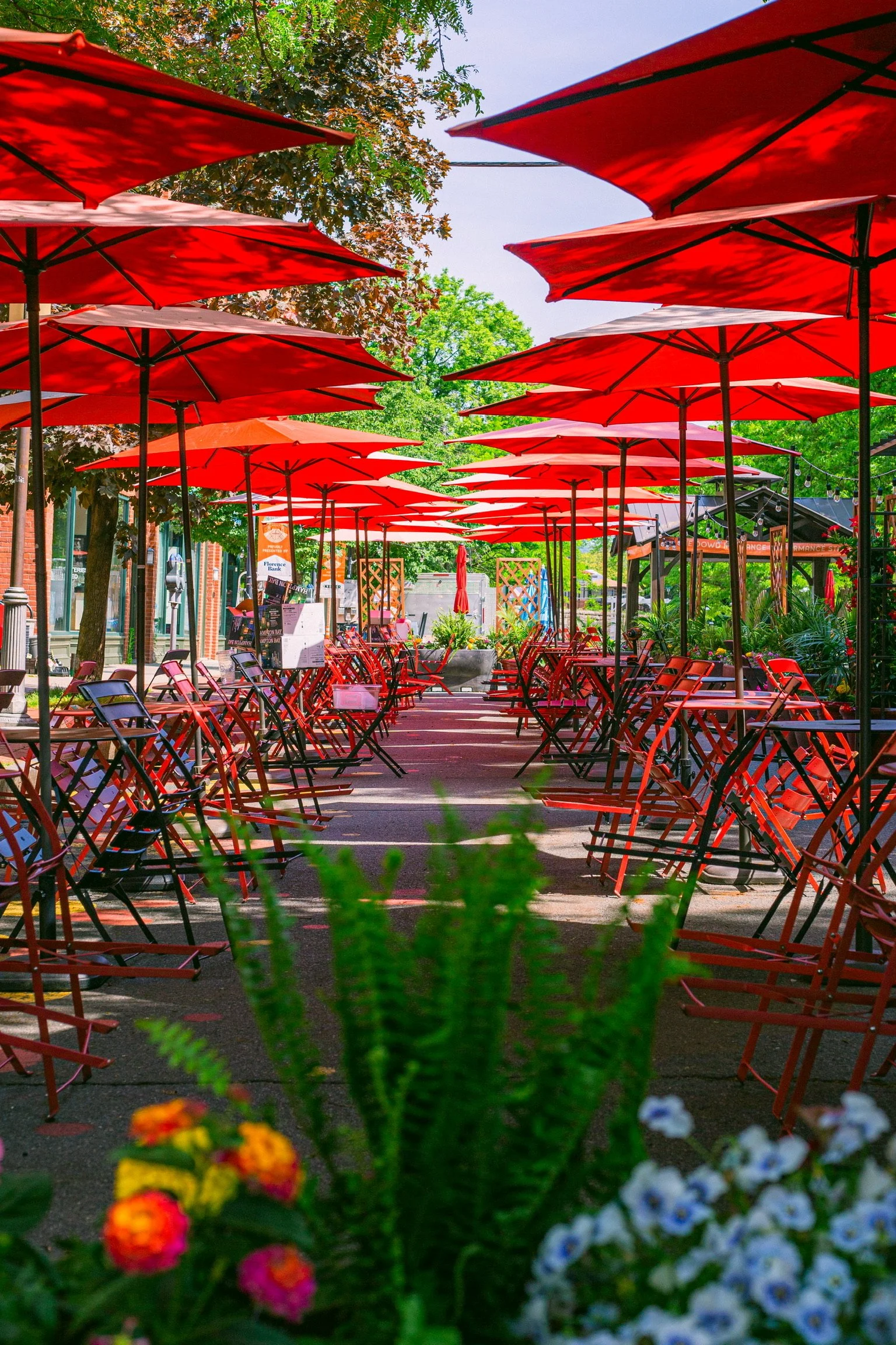 Bright Red umbrellas open over bistro tables on a sunny day