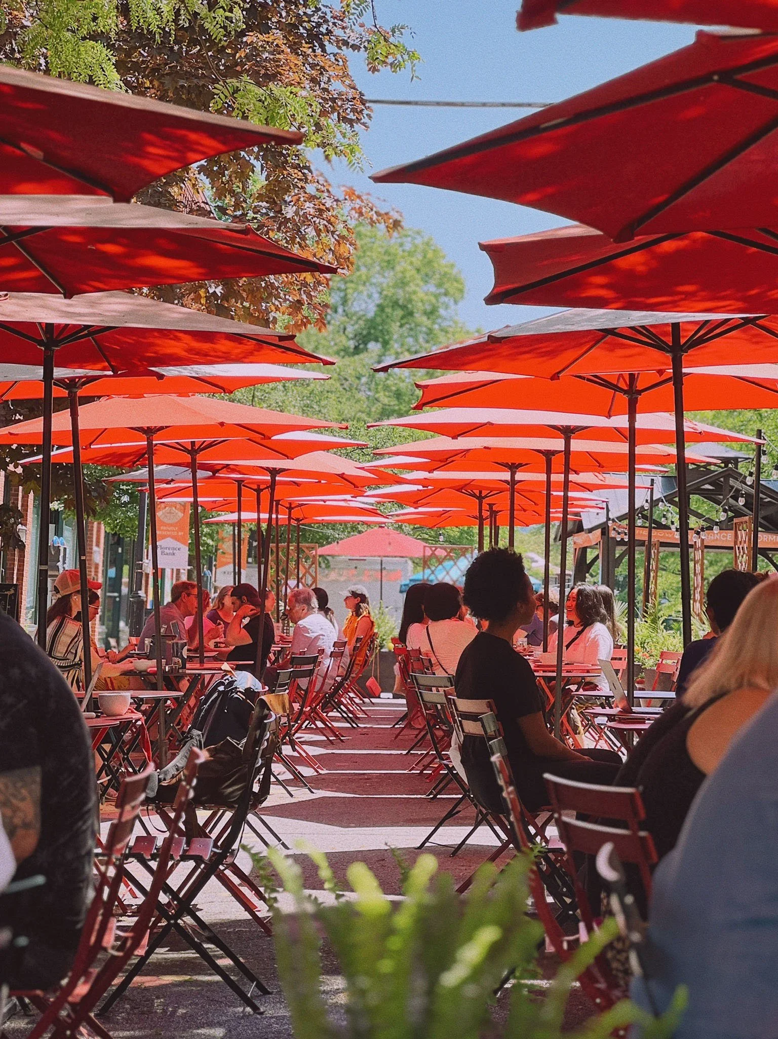Summer on Strong at Strong Avenue in Northampton - two rows of outdoor dining tables with red umbrellas