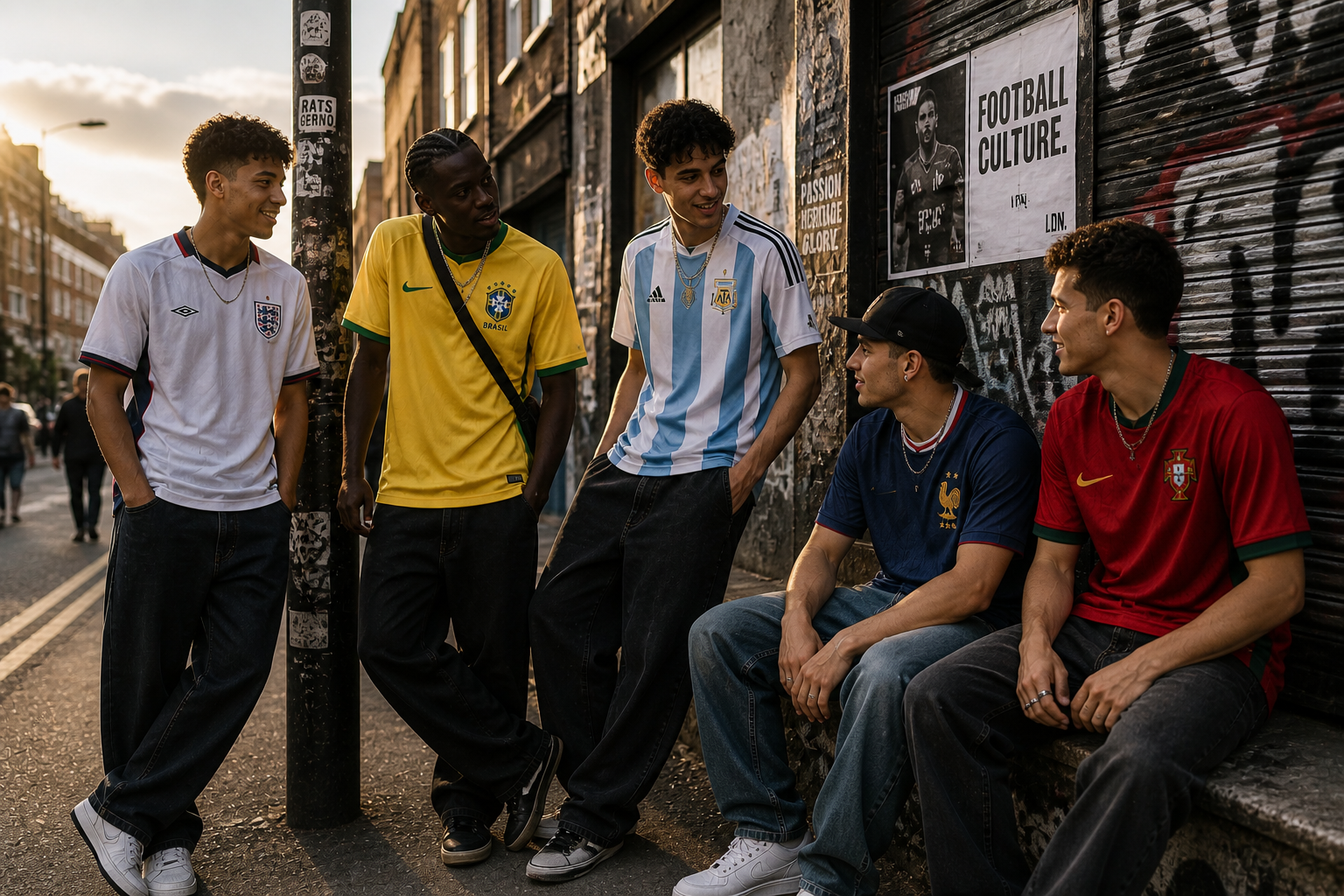 A group of five young men in soccer jerseys are talking and hanging out on a city street in front of a graffiti-covered wall with posters. One is standing and four are seated on a bench. They appear to be friends.