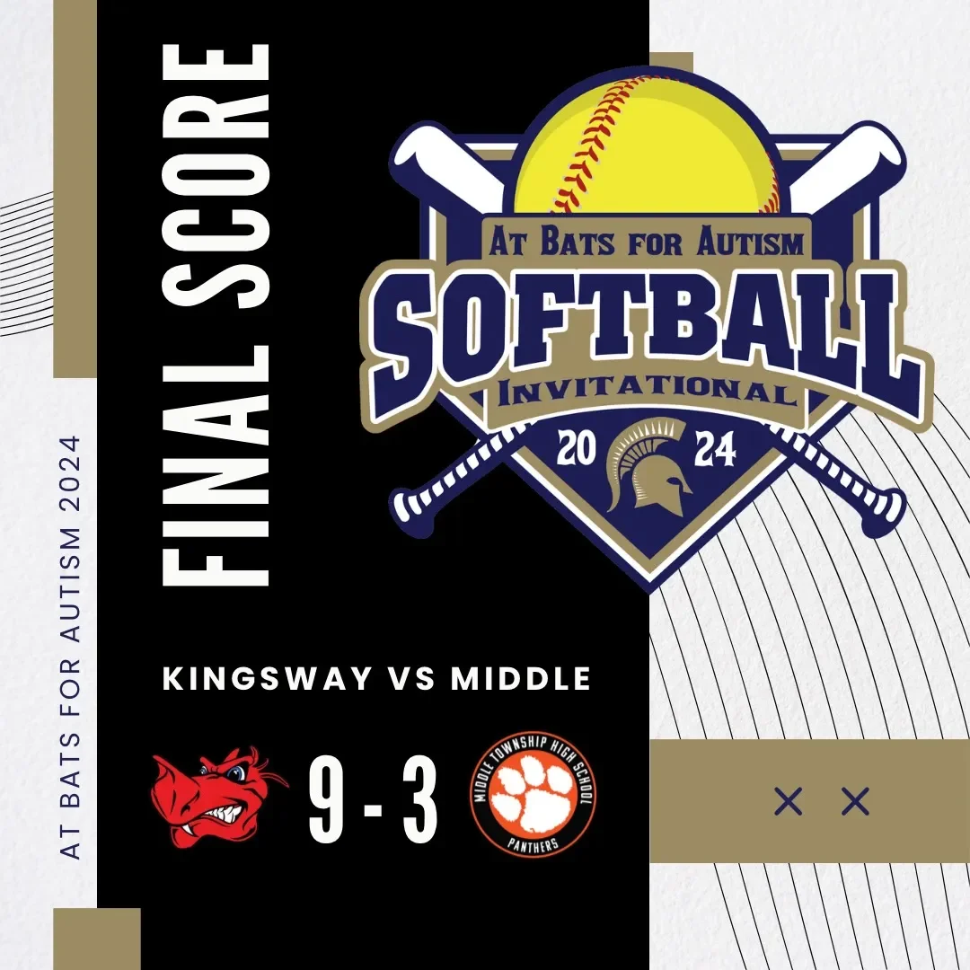Softball final score graphic for a game between Kingsway and Middle, with Kingsway winning 9-3, at Bats for Autism Softball Invitational 2024, featuring a yellow softball, crossed bats, and autism awareness ribbon.