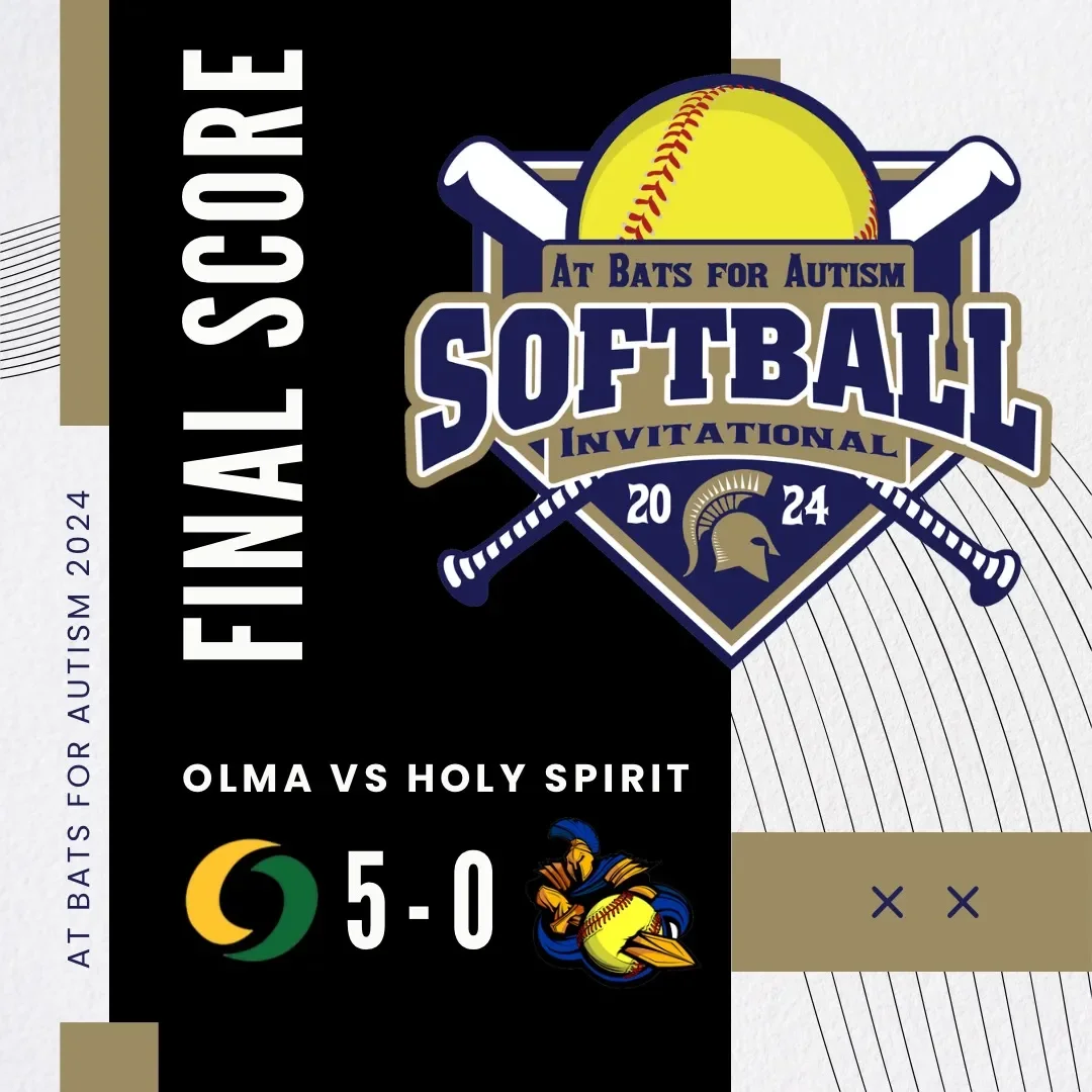 Design for a softball tournament benefiting autism, featuring a softball, baseball bats, and team logos, with the score showing Olma 5, Holy Spirit 0.