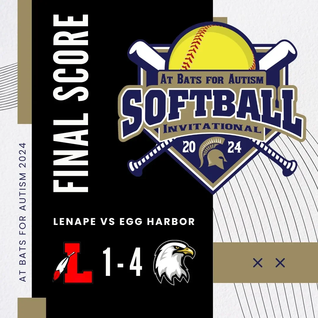 Softball tournament poster for Autism awareness, featuring a yellow softball, crossed bats, and team logos, with scores indicating Egg Harbor defeated Lenape 4-1 in the final game.