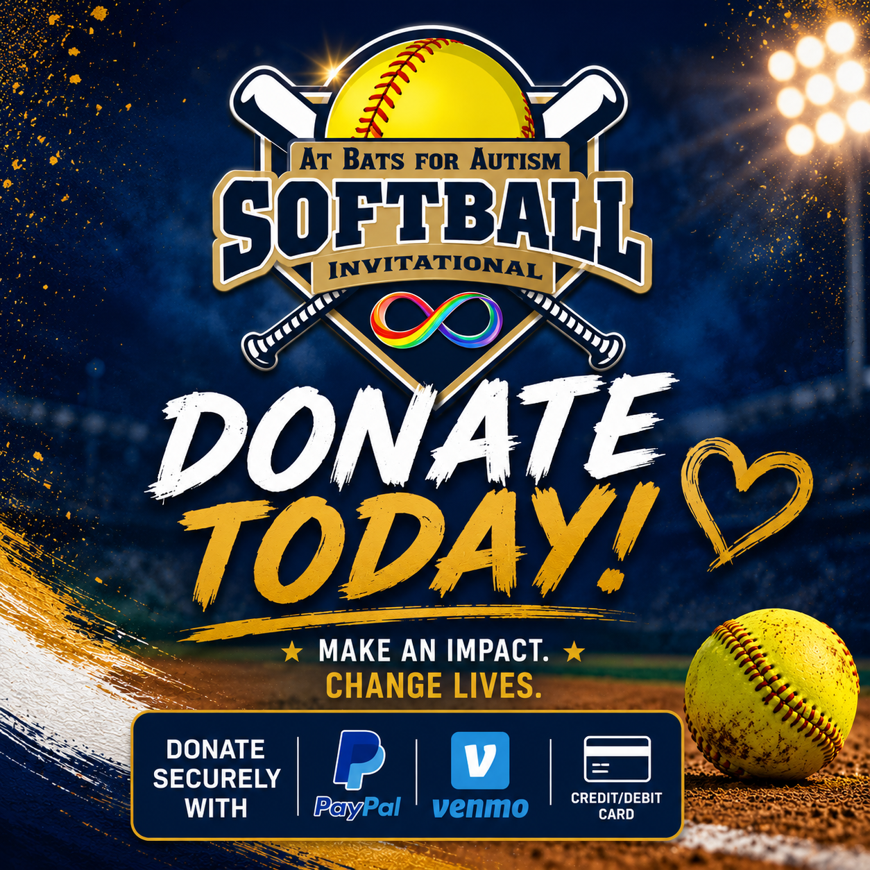 Flyer for 'At Bats for Autism' softball fundraising event. Features a softball and two crossed bats, with the message 'Donate Today!' and icons for PayPal, Venmo, and credit/debit card donations. Background shows a baseball field under stadium lights, with gold and white paint splatters.