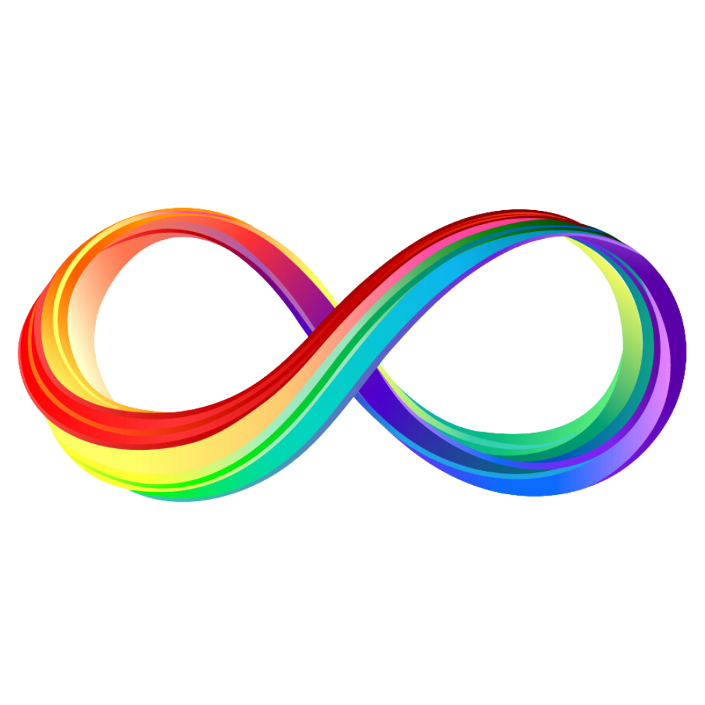 A colorful, glossy infinity symbol with rainbow colors against a black background.