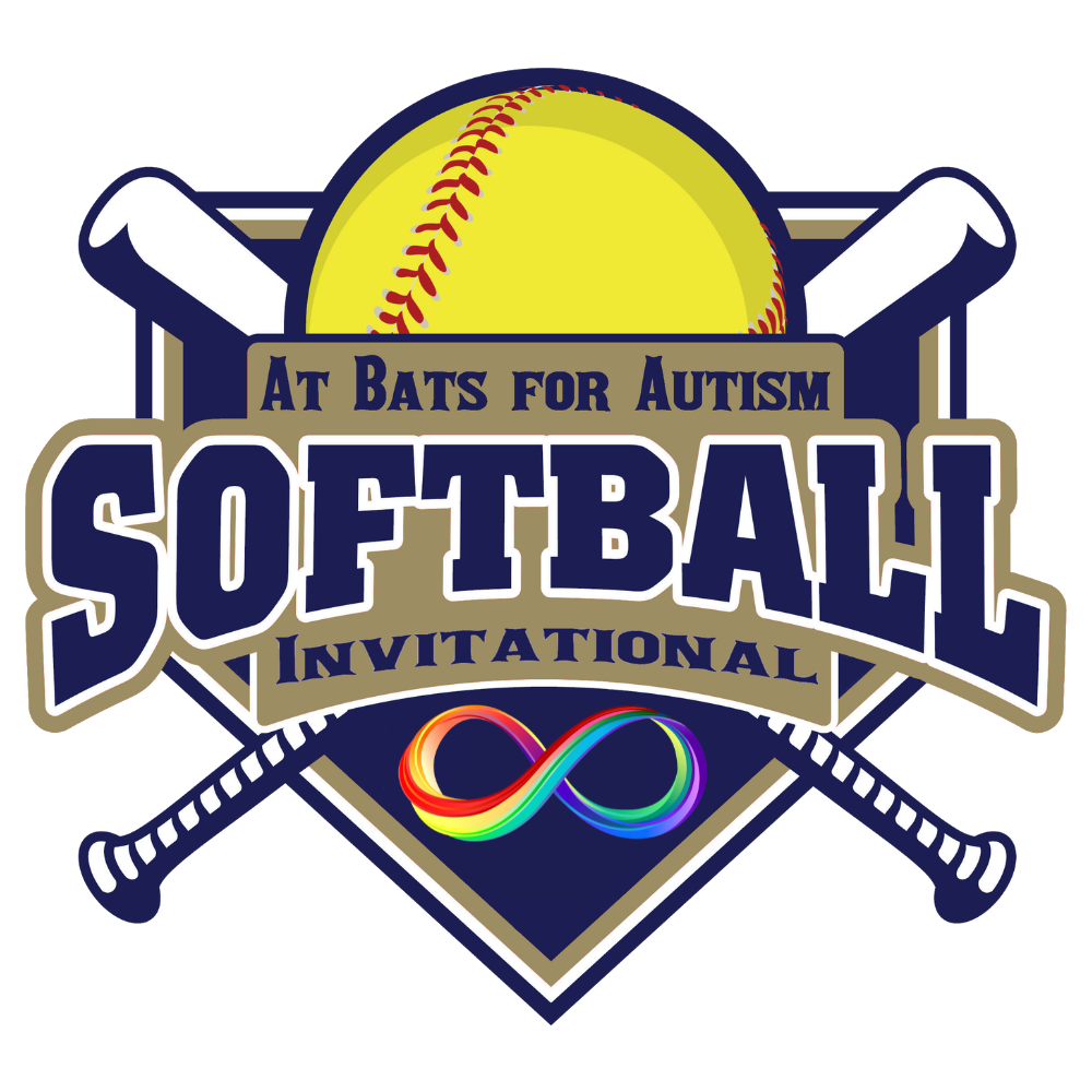 Logo for At Bats for Autism Softball Invitational, featuring a yellow softball behind a baseball bat, with a rainbow infinity symbol at the bottom.