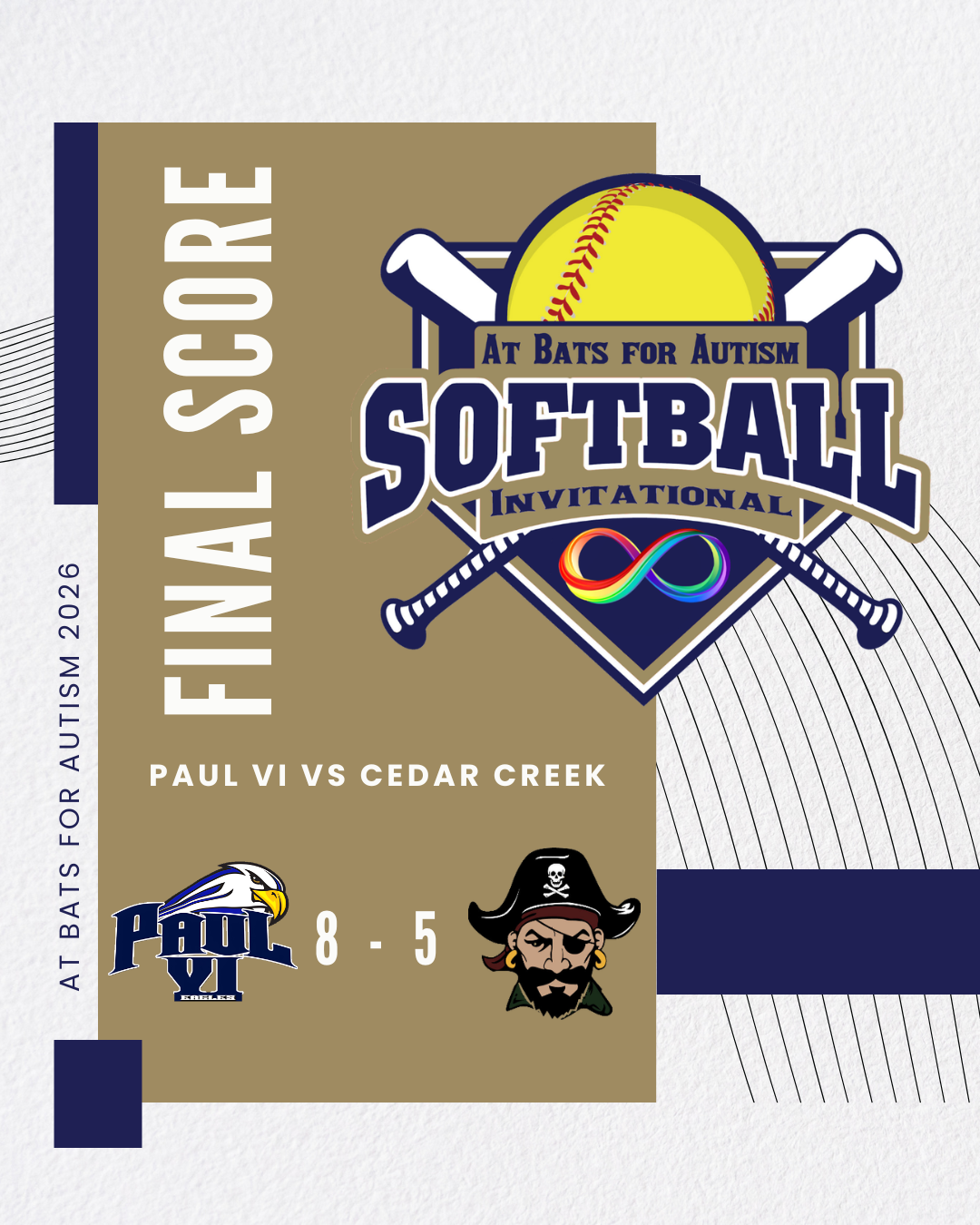 Softball game scoreboard showing Paul VI defeating Cedar Creek 8-5 at a charity autism softball invitational event with a baseball logo, two baseball bats, and a rainbow-colored infinity symbol.